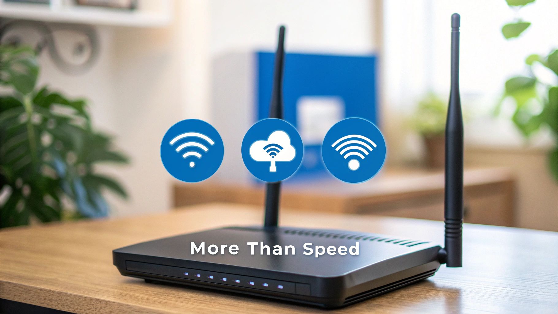 A black internet router on a wooden table with floating blue icons for Wi-Fi and cloud services.