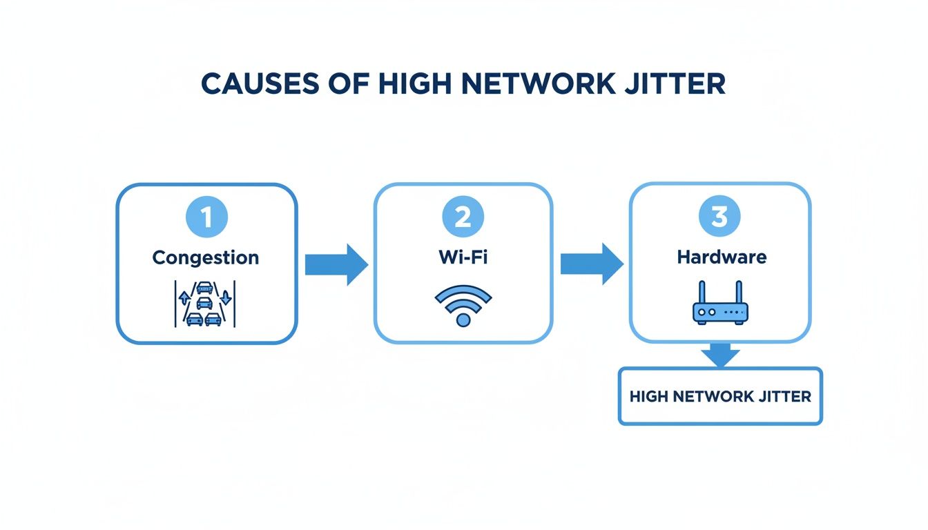 Flowchart illustrating the three main causes of high network jitter: congestion, Wi-Fi issues, and hardware problems.
