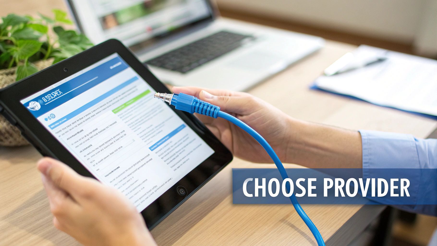 A person connects a blue cable to a tablet displaying a webpage, with 'CHOOSE PROVIDER' text overlay.