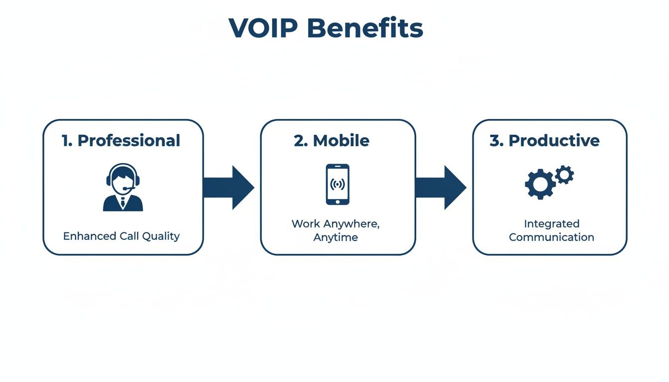 VOIP benefits diagram showing professional, mobile, and productive features like enhanced call quality.