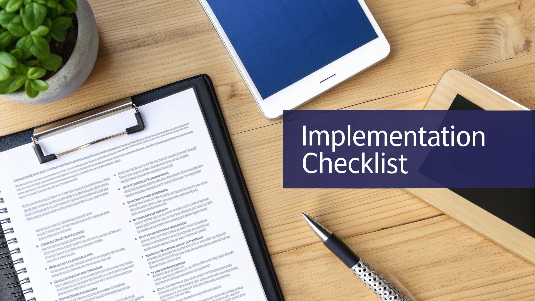 Flat lay of a wooden desk with an 'Implementation Checklist' document, two tablets, and a pen.