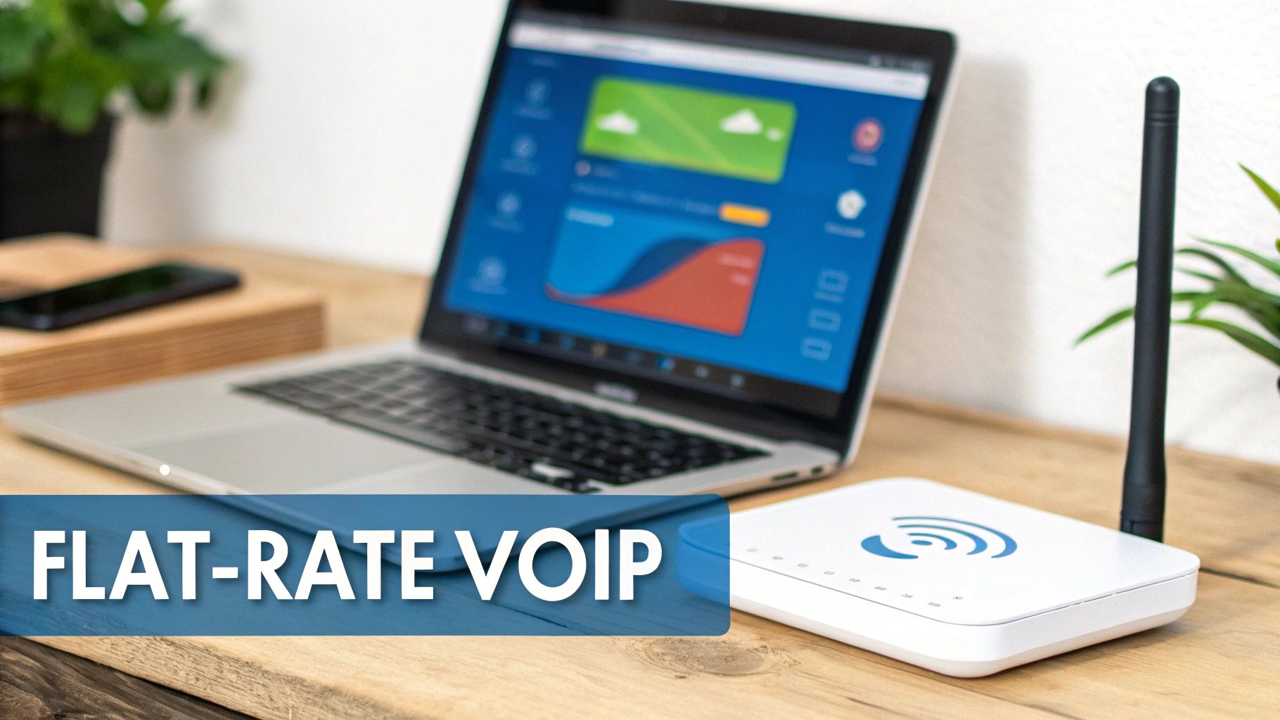 A modern workspace with a laptop, smartphone, and a white flat-rate VoIP router for communication.