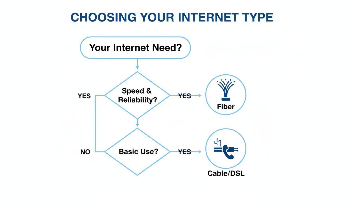 Flowchart for choosing your internet type: Fiber for speed and reliability, Cable/DSL for basic use.