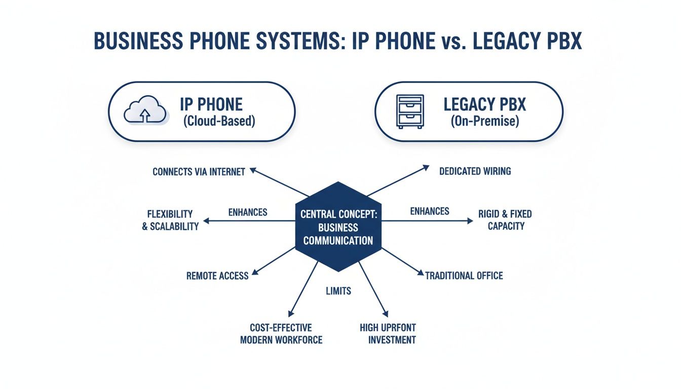 Infographic comparing cloud-based IP Phone systems with on-premise Legacy PBX for business communication.