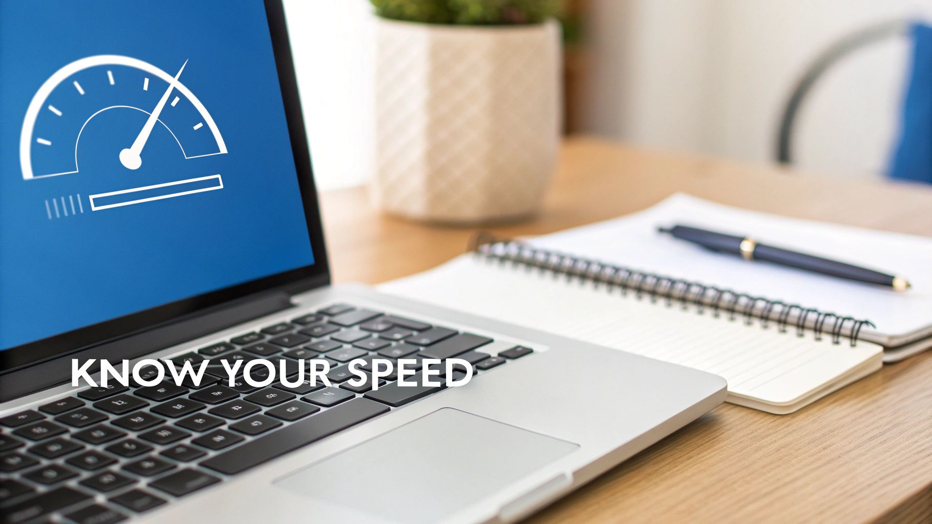 Laptop screen shows a speed gauge and 'KNOW YOUR SPEED' text, on a wooden desk.