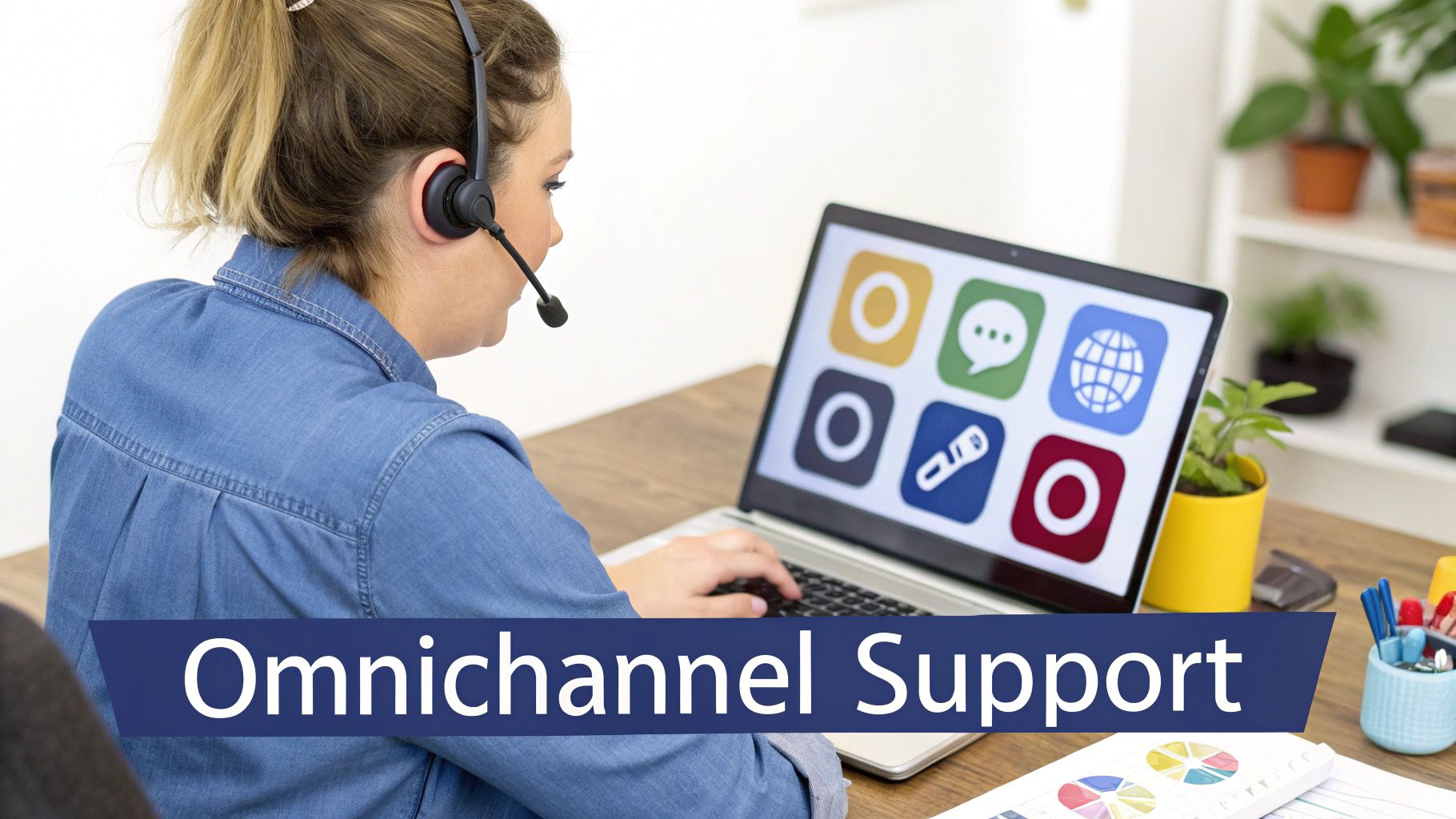 Call center agent with headset uses laptop displaying communication app icons for omnichannel support.