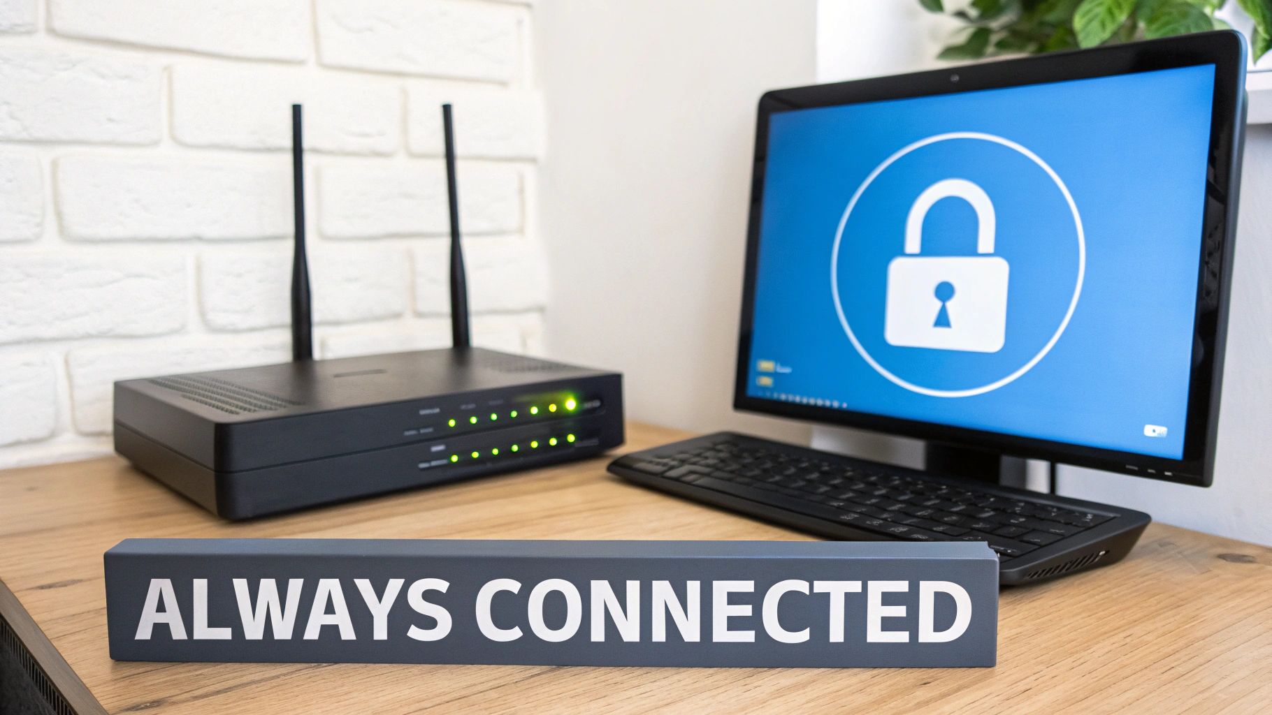 A Wi-Fi router, computer with a security padlock icon, and 'ALWAYS CONNECTED' sign.