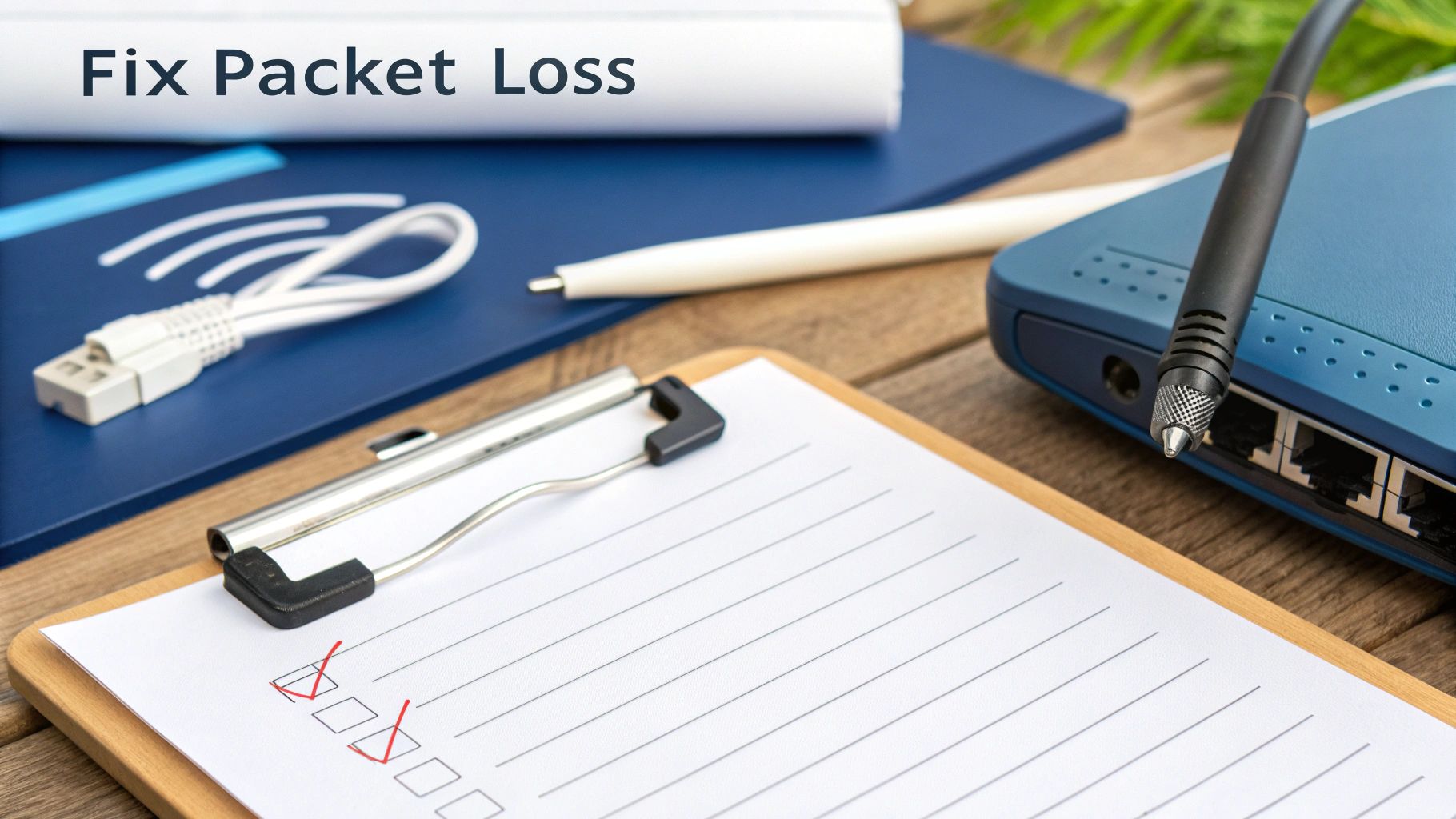 A network router, a checklist with two items checked, and a USB cable, with text 'Fix Packet Loss'.