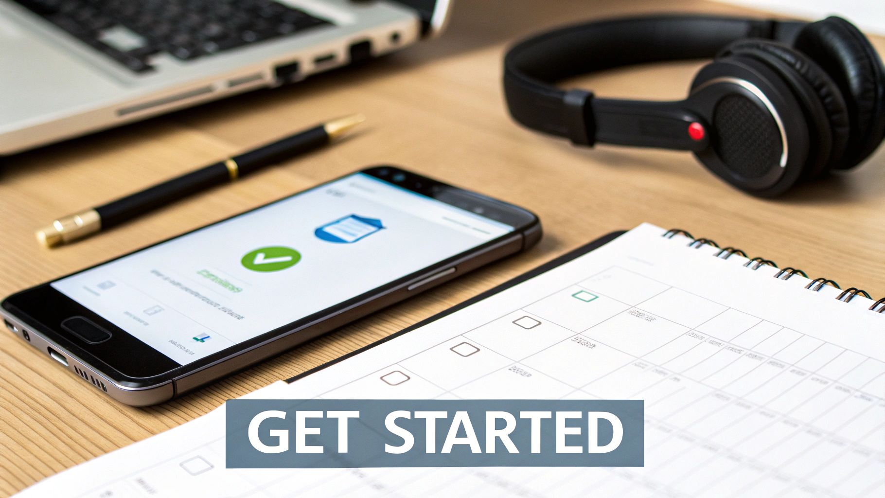 Desk setup with laptop, smartphone showing an app, headphones, pen, and planner, with 'GET STARTED' overlay.