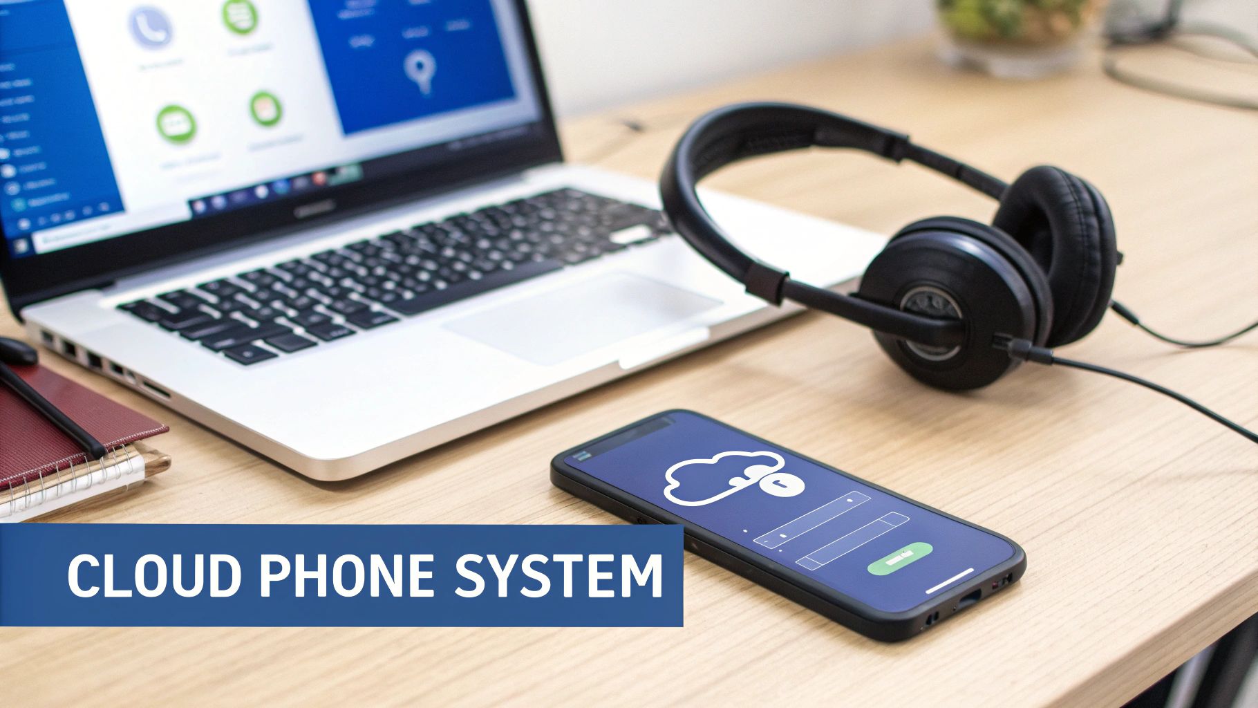 A desk setup with a laptop, headphones, and a smartphone displaying a cloud phone system login screen.