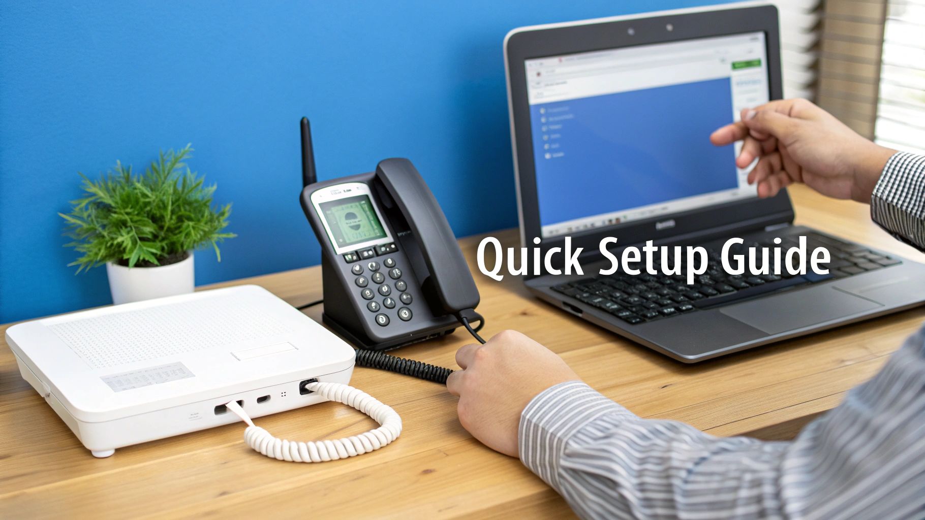 A person setting up a desk phone and modem next to a laptop, following a quick setup guide.