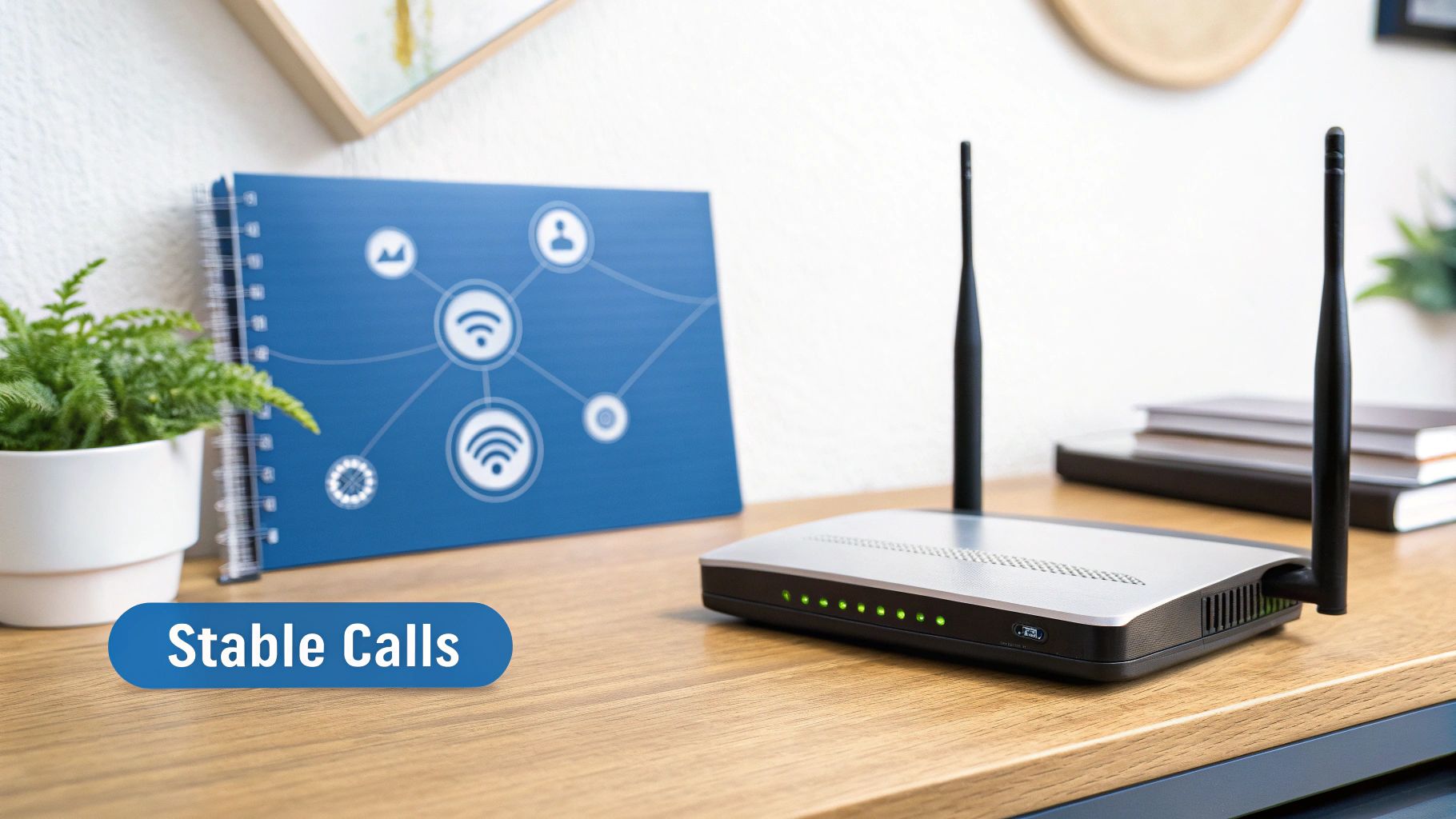 A Wi-Fi router on a wooden desk with a blue notebook showing network icons and 'Stable Calls' text.