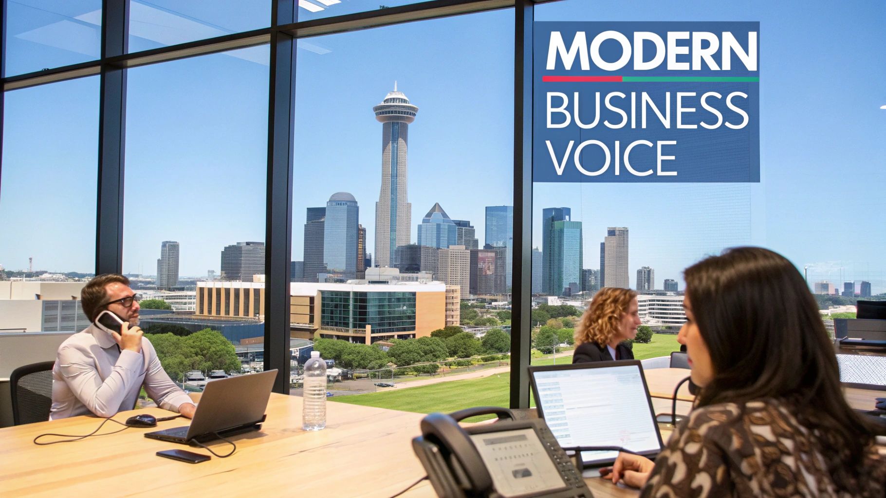 Business professionals communicating in a modern office with a stunning city skyline view.
