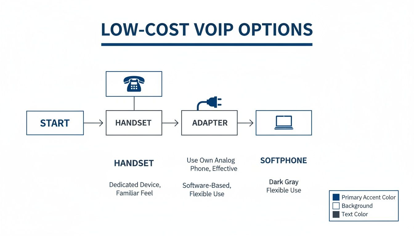 A flowchart details low-cost VoIP options, showing handset, adapter, and softphone configurations with descriptions.