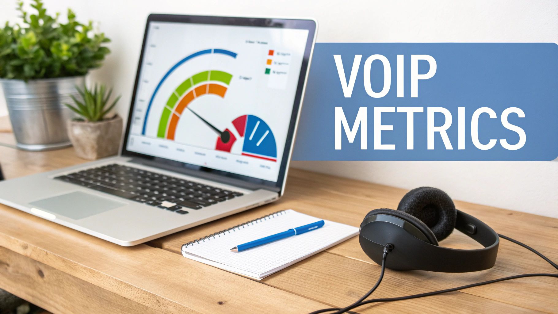 VOIP METRICS banner, laptop showing performance dashboard, headphones, notepad, and pen on a wooden desk.