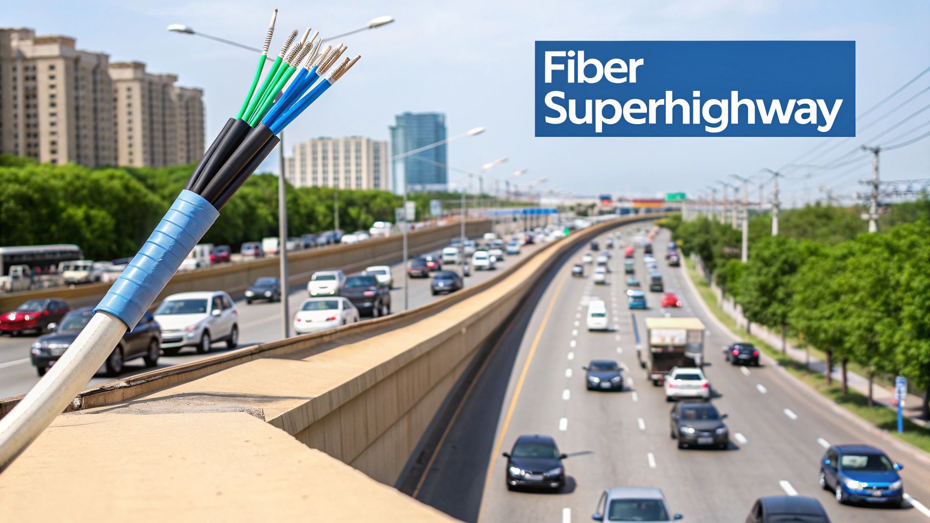 Fiber optic cable in the foreground with a busy multi-lane highway and city buildings in the background.