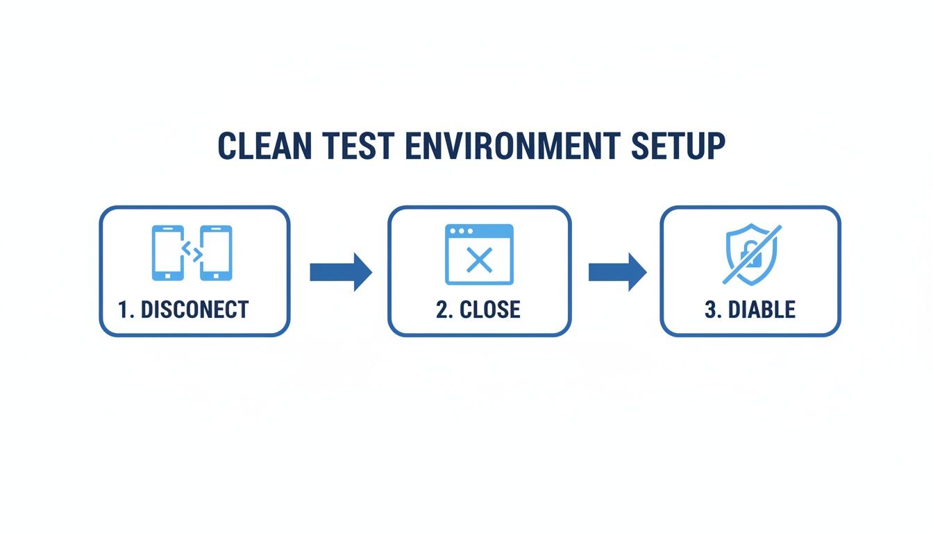 A three-step flowchart for a clean test environment setup: 1. Disconnect phones, 2. Close window, 3. Disable security.