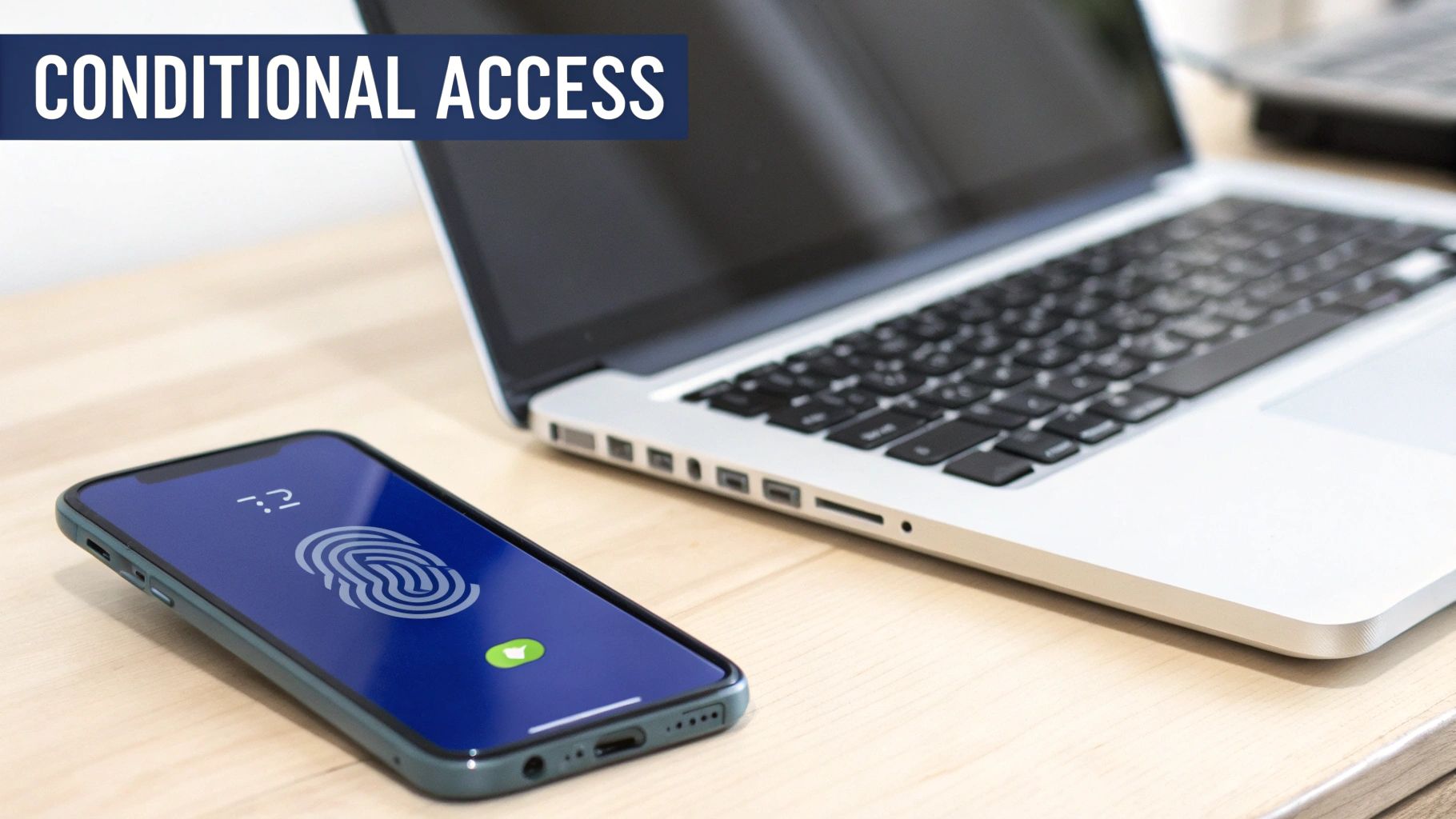 Smartphone with fingerprint scan icon and laptop on desk, showing 'Conditional Access' text.