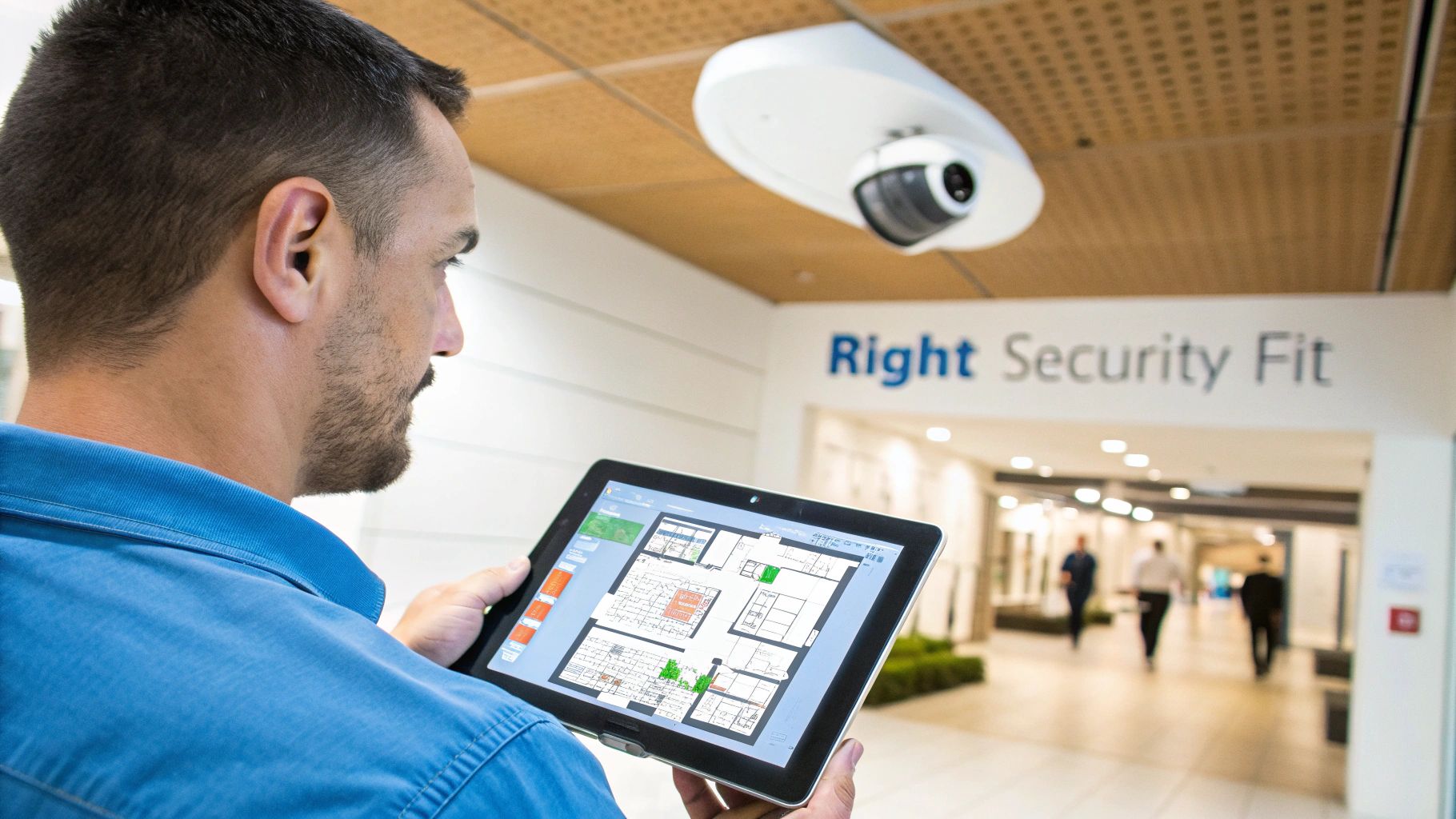 A man uses a tablet to manage a security camera system, viewing a floor plan.