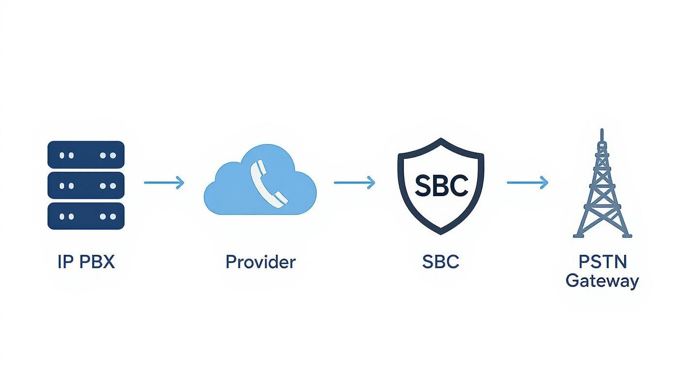 SIP trunk call flow diagram showing IP PBX connecting through provider and SBC to PSTN gateway