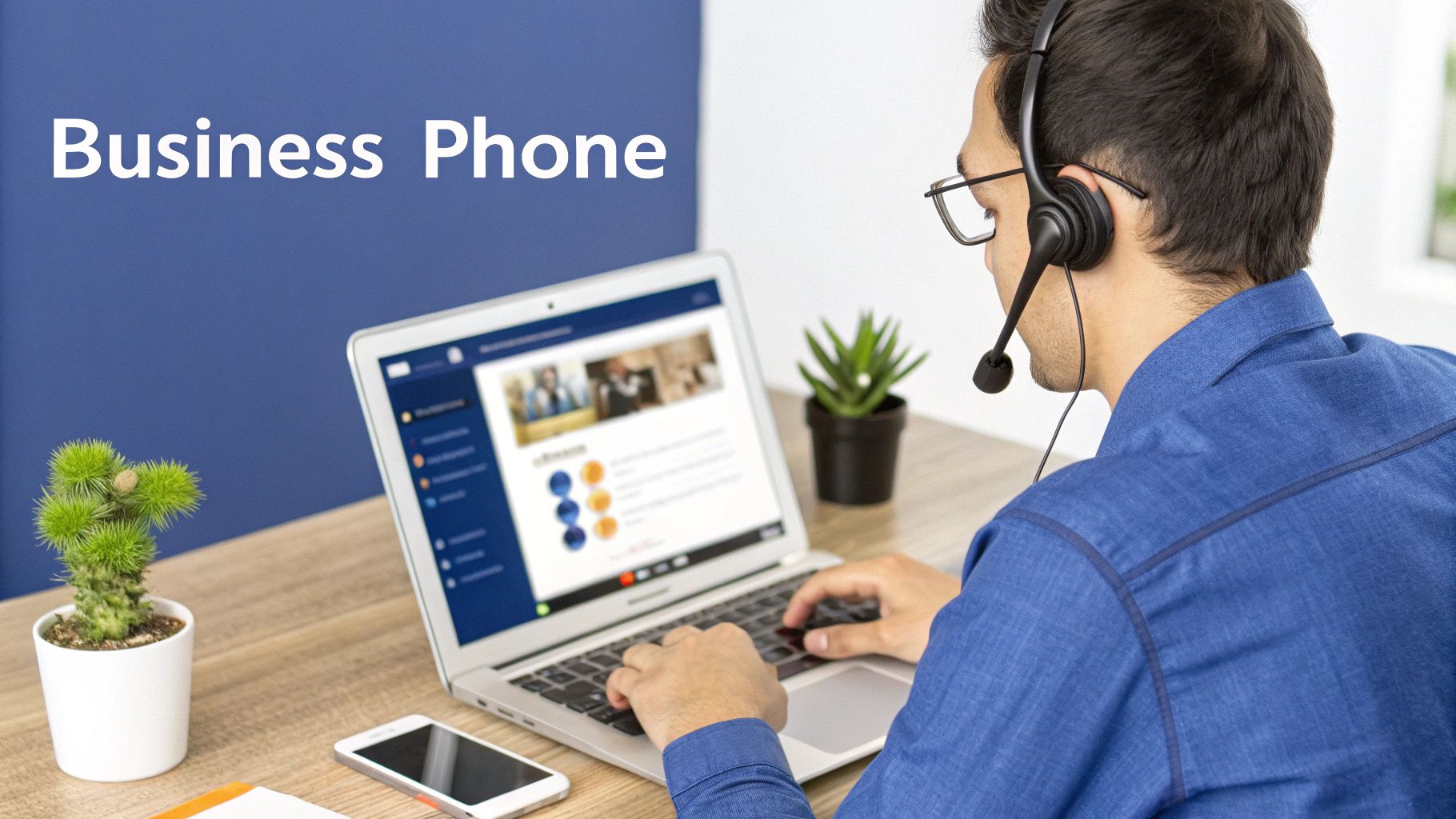 A man with a headset types on a laptop, with a smartphone and plants on a desk.