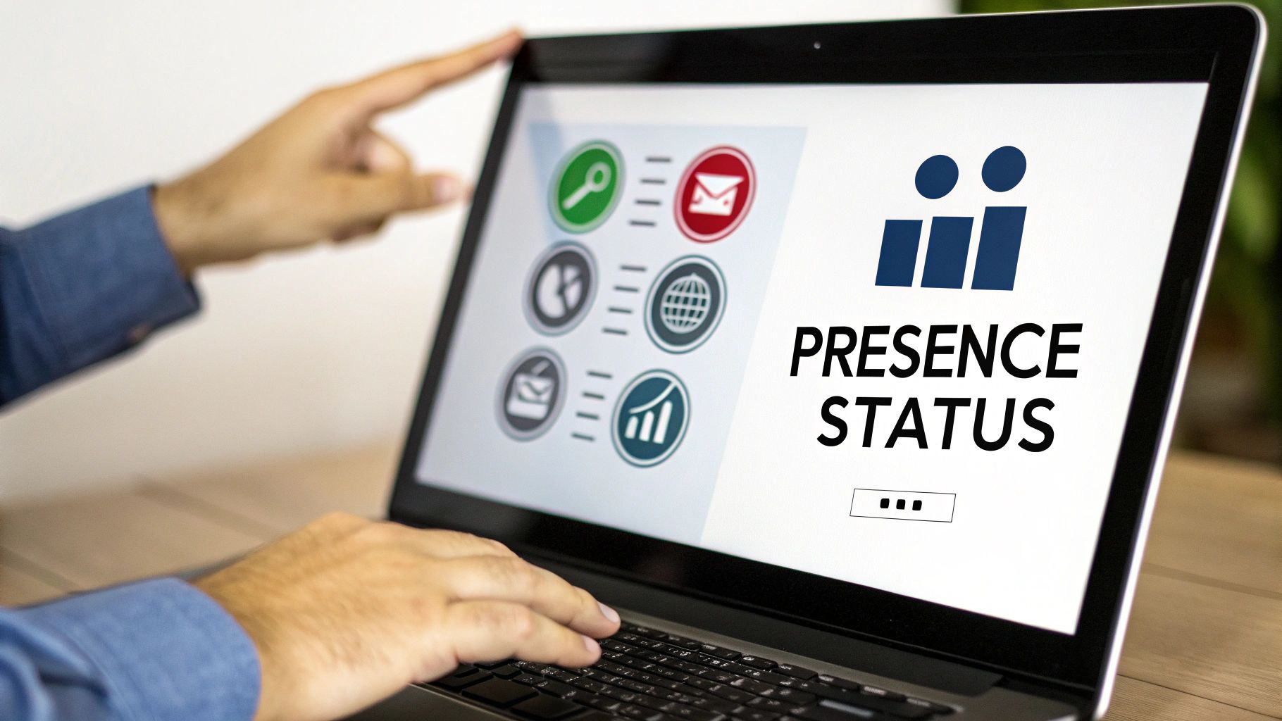 A person's hands interacting with a laptop displaying 'Presence Status' and various communication icons.