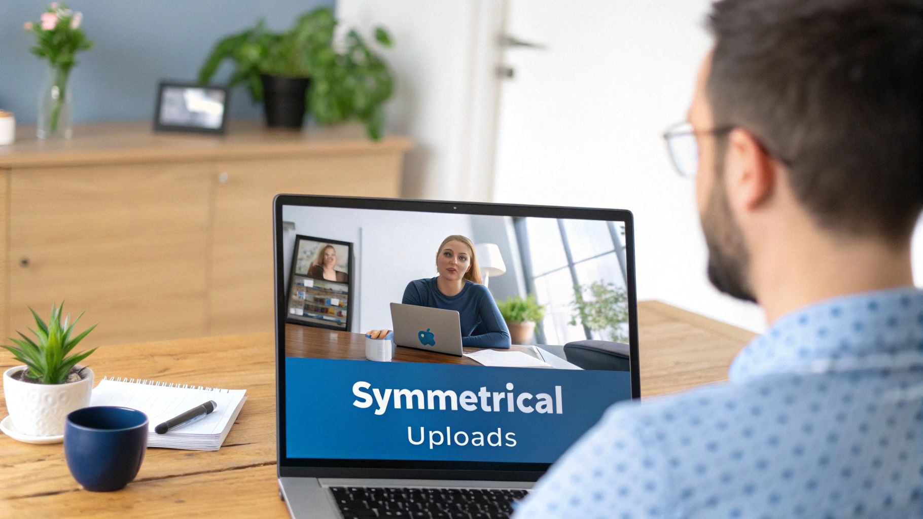 Over-the-shoulder view of a man watching a laptop displaying a video call with 'Symmetrical Uploads'.