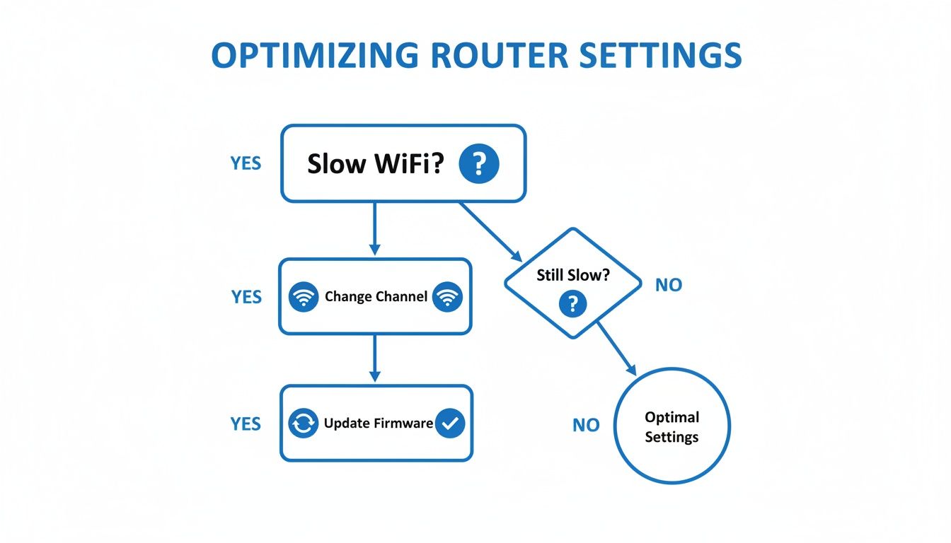 A flowchart showing steps to optimize router settings for slow WiFi, including changing channels and updating firmware.