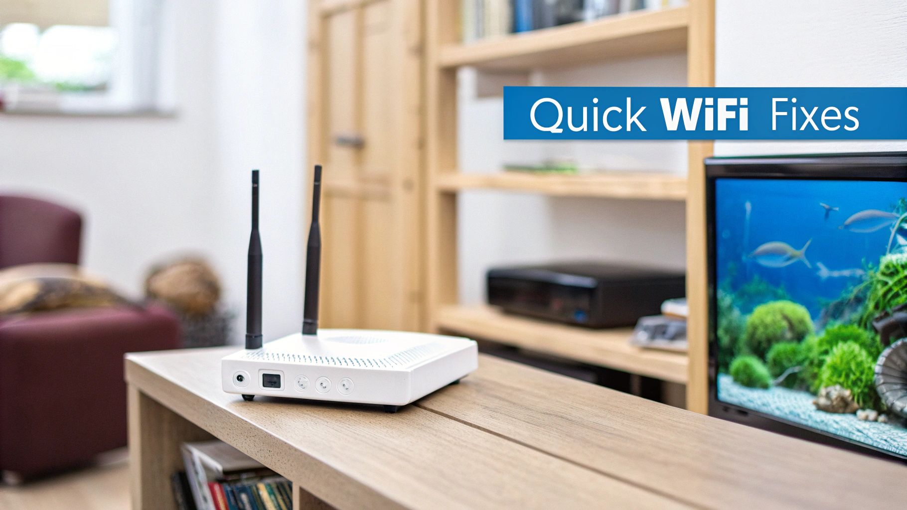 A white Wi-Fi router with two antennas sits on a wooden table in a home living room.