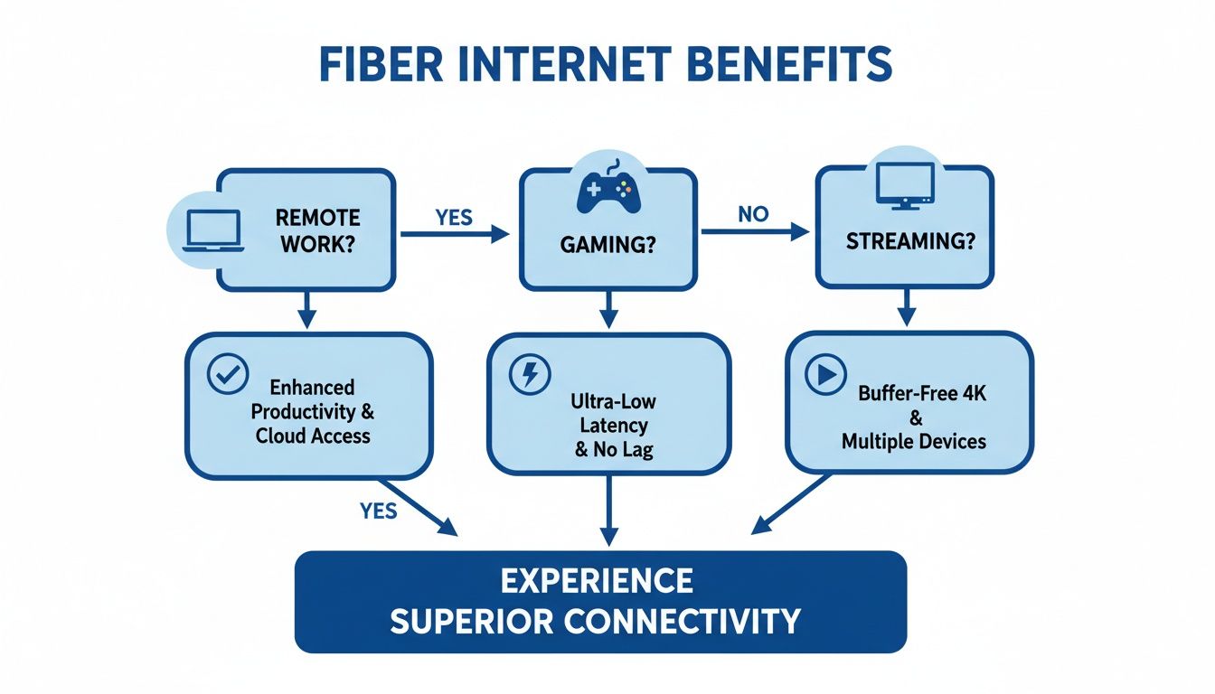 Flowchart detailing fiber internet benefits for remote work, gaming, and streaming, enhancing connectivity.