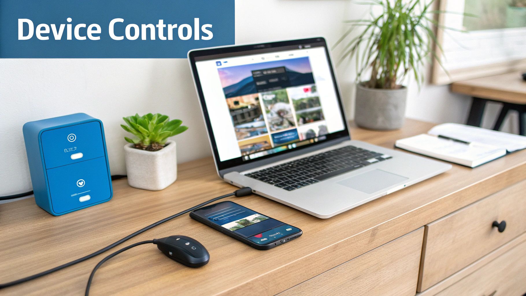 Modern desk setup with a laptop, smartphone, and blue device for managing smart home controls.