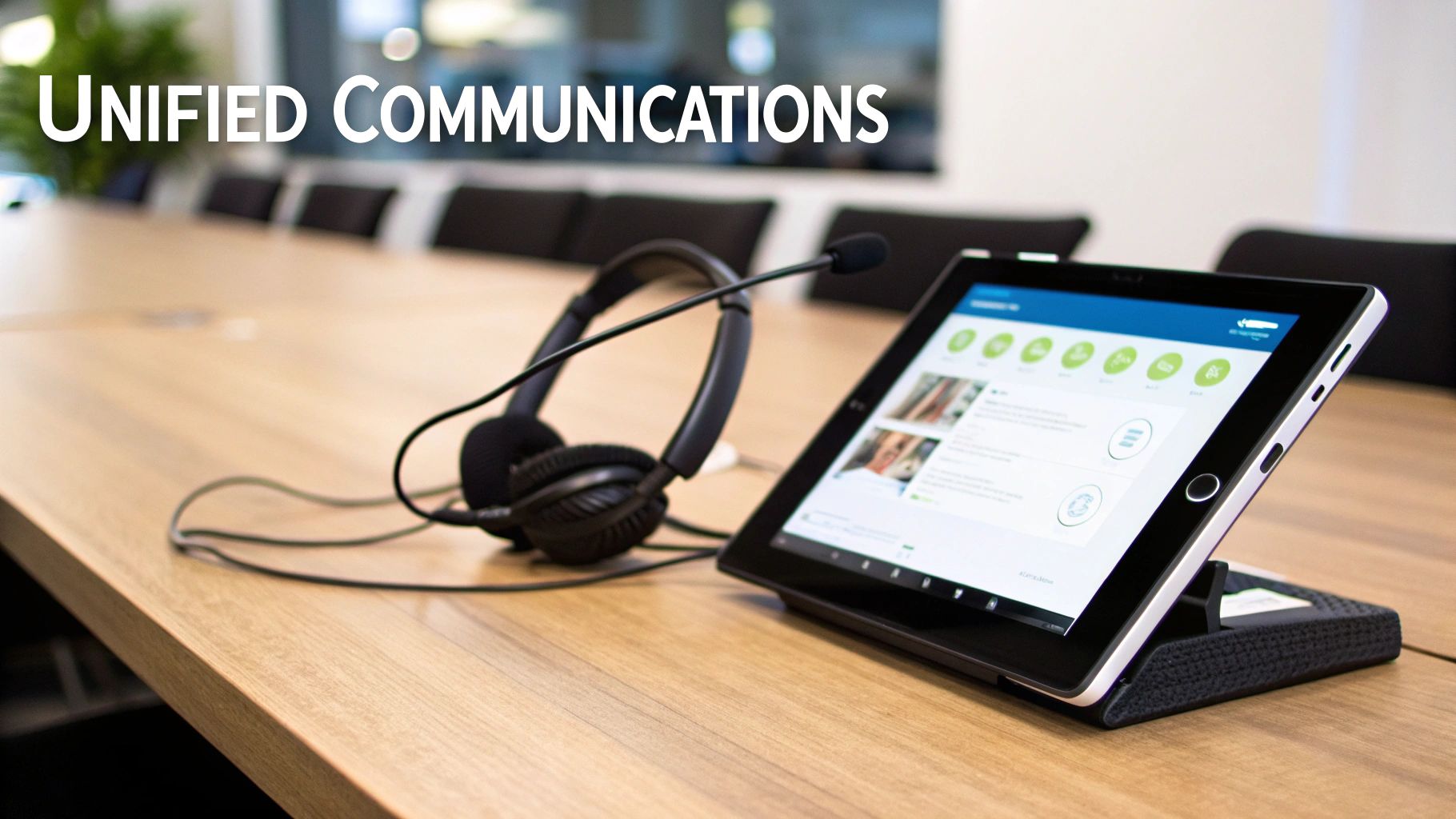 Headset and tablet on a conference table, symbolizing unified communications for modern meetings.