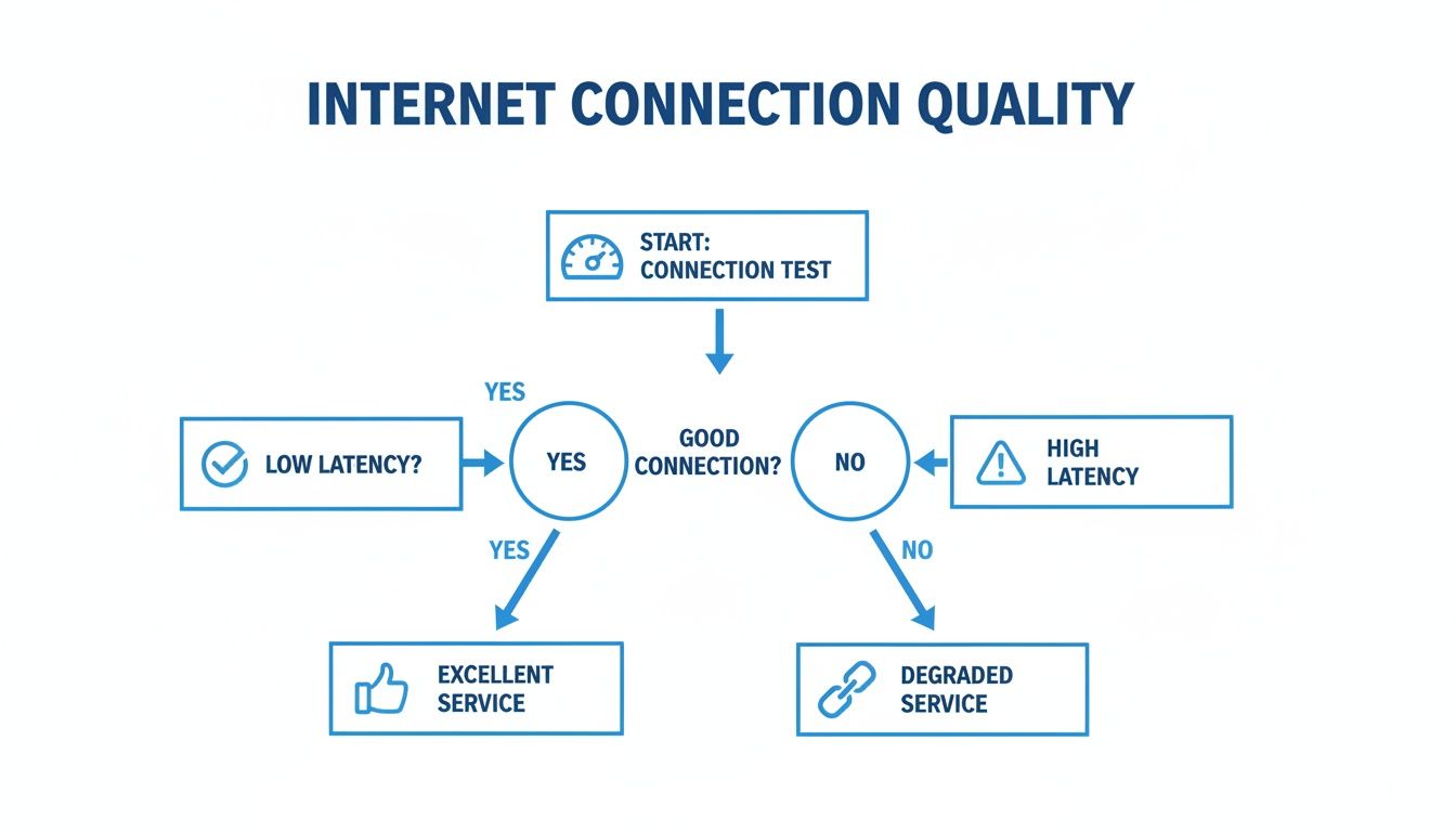 Flowchart detailing the steps to determine internet connection quality, from testing to service outcomes.