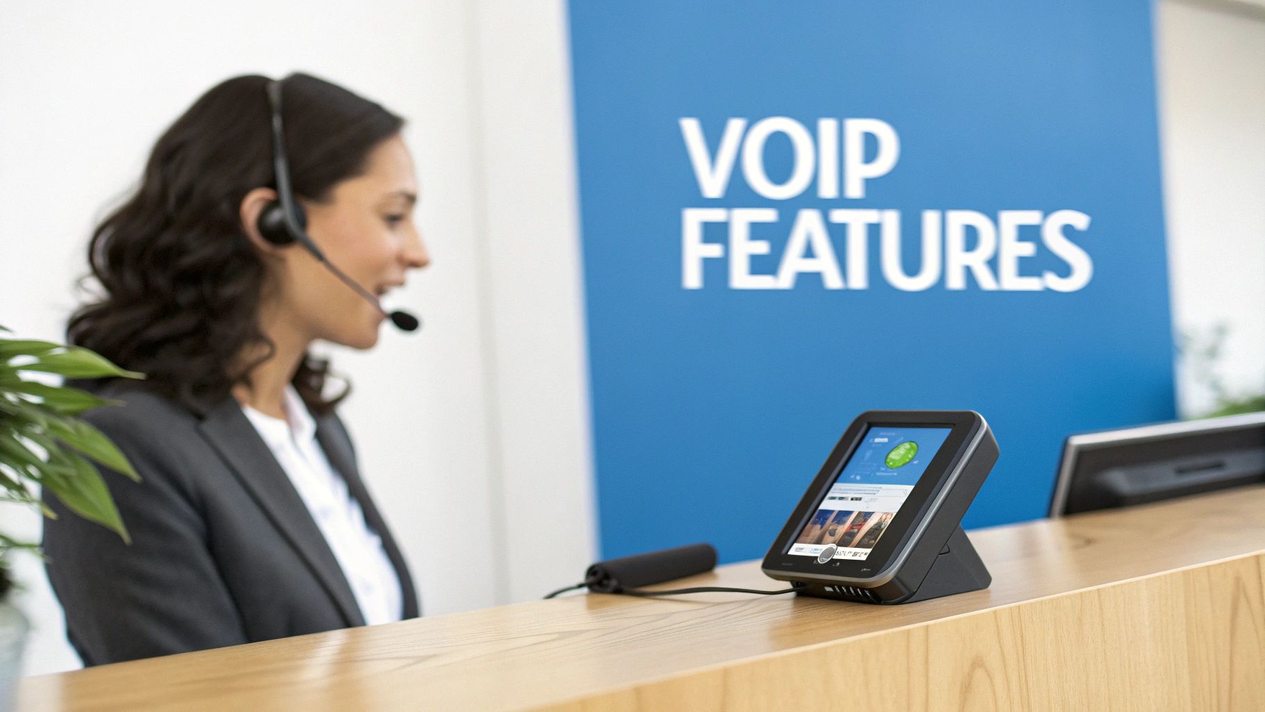 A professional woman wearing a headset talks, showcasing VOIP features on a tablet at a modern desk.