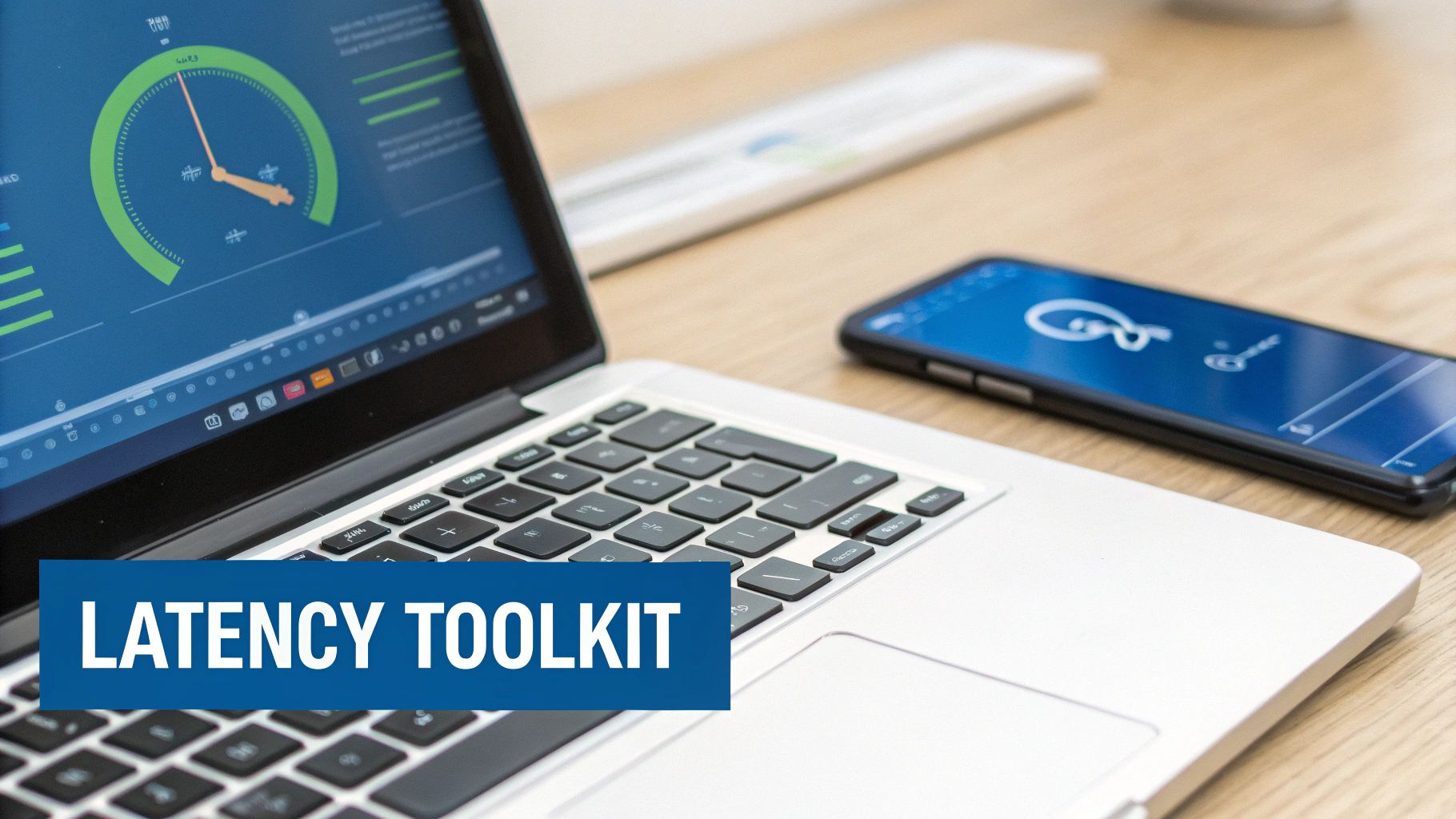 A laptop displays a network latency performance dashboard next to a smartphone on a wooden desk with 'LATENCY TOOLKIT' text.