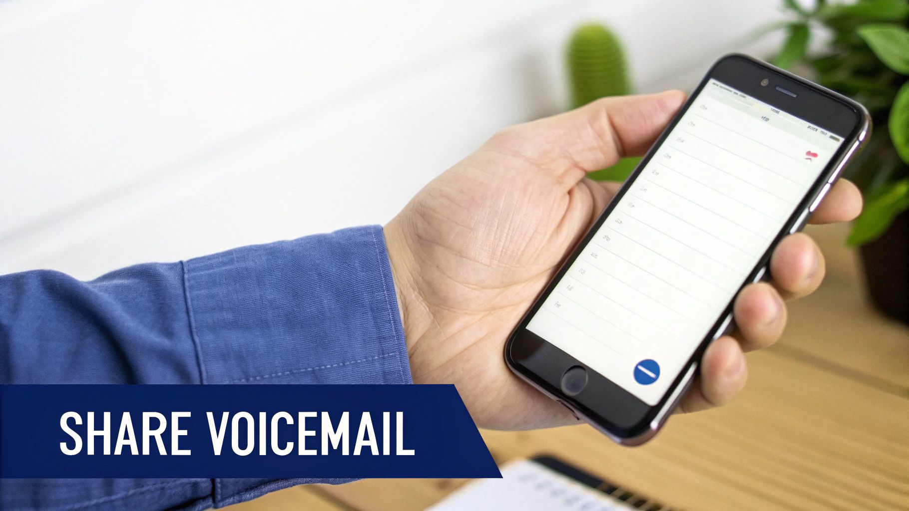 A hand holds a smartphone displaying a list, with a 'SHARE VOICEMAIL' banner overlay.