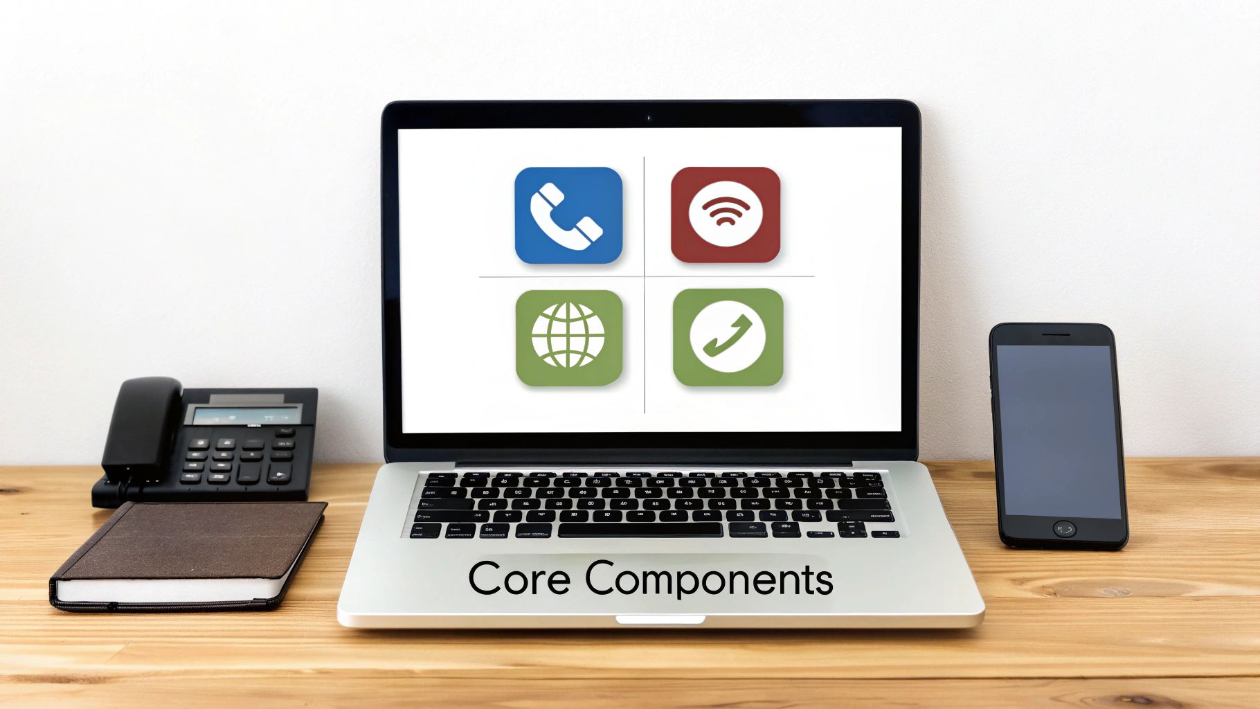A laptop displaying communication app icons, a landline phone, notebook, and smartphone on a desk, with 'Core Components' text.