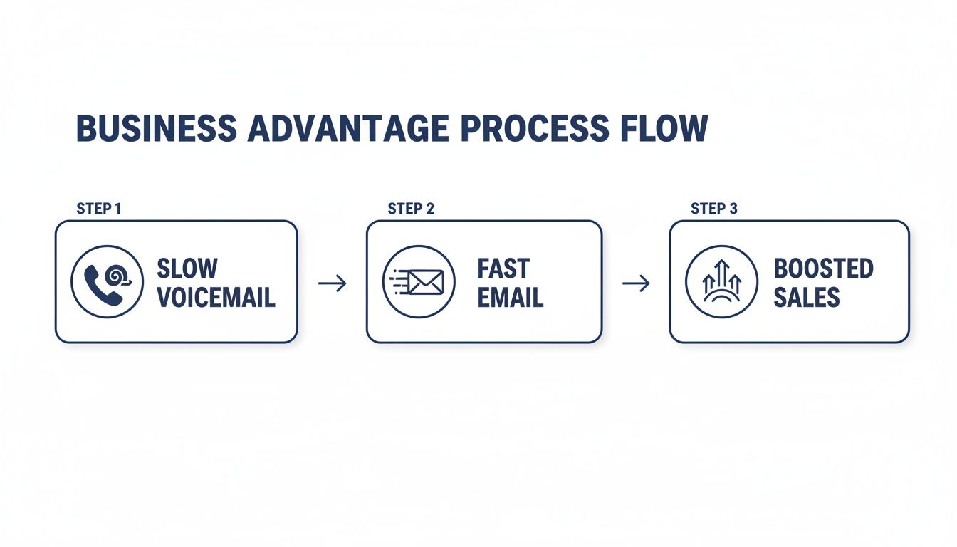 A business process flow demonstrating how converting slow voicemail to fast email results in boosted sales.