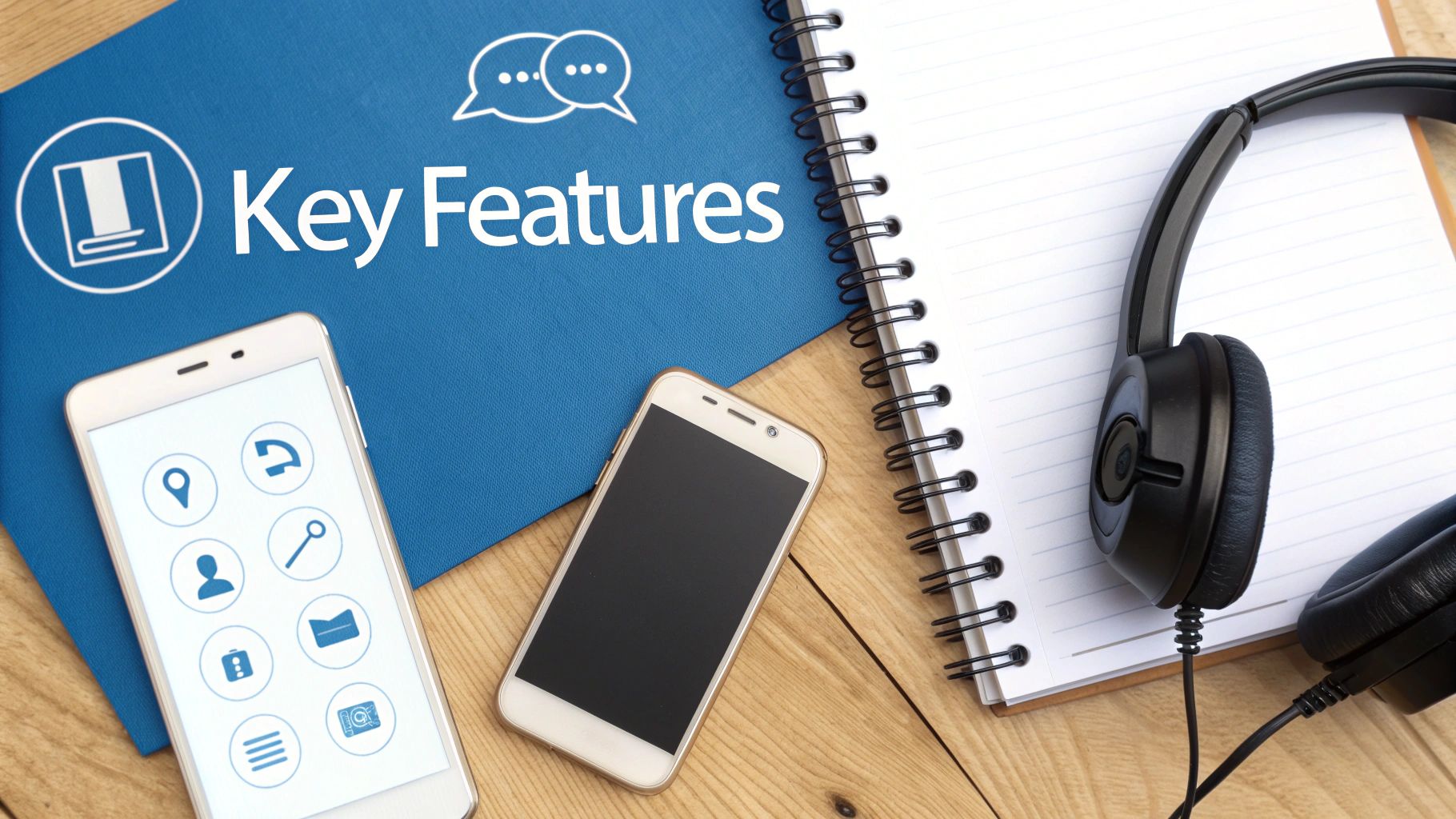 Overhead view of a desk with a 'Key Features' notebook, two smartphones with icons, and headphones.