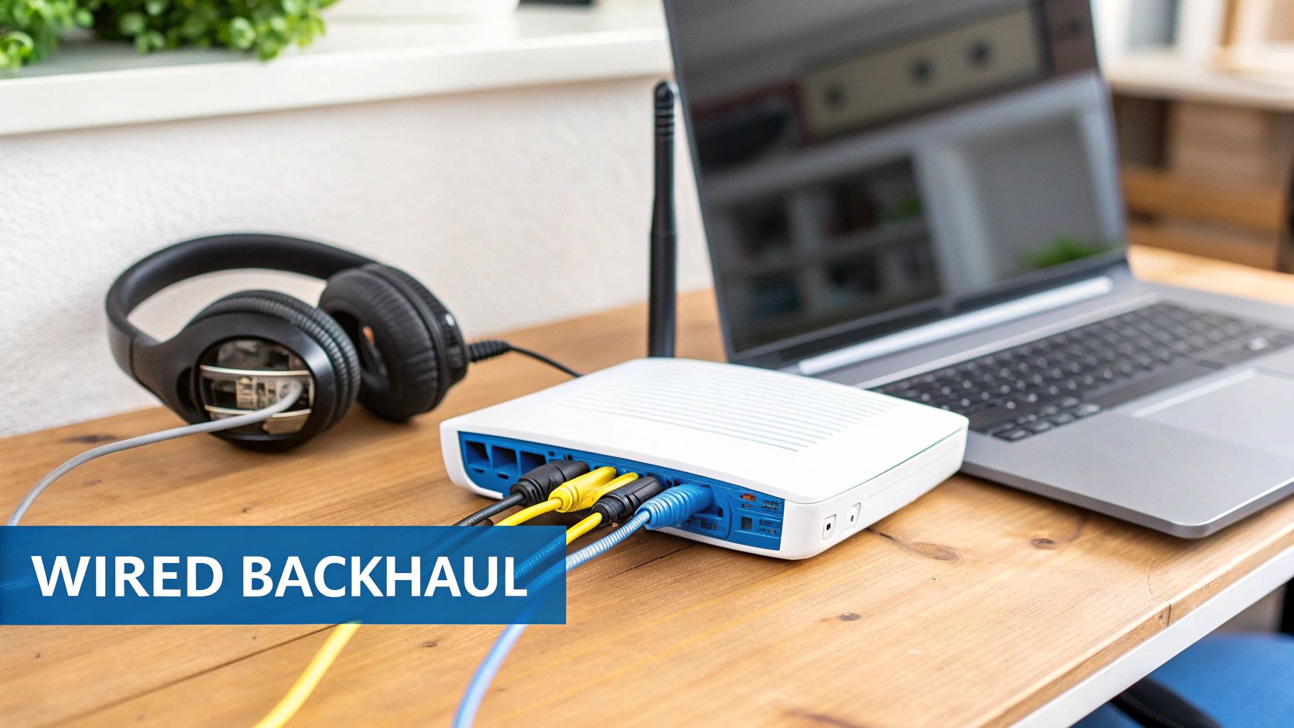 A white WiFi router with multiple colorful ethernet cables connected, a laptop, and headphones on a wooden desk.