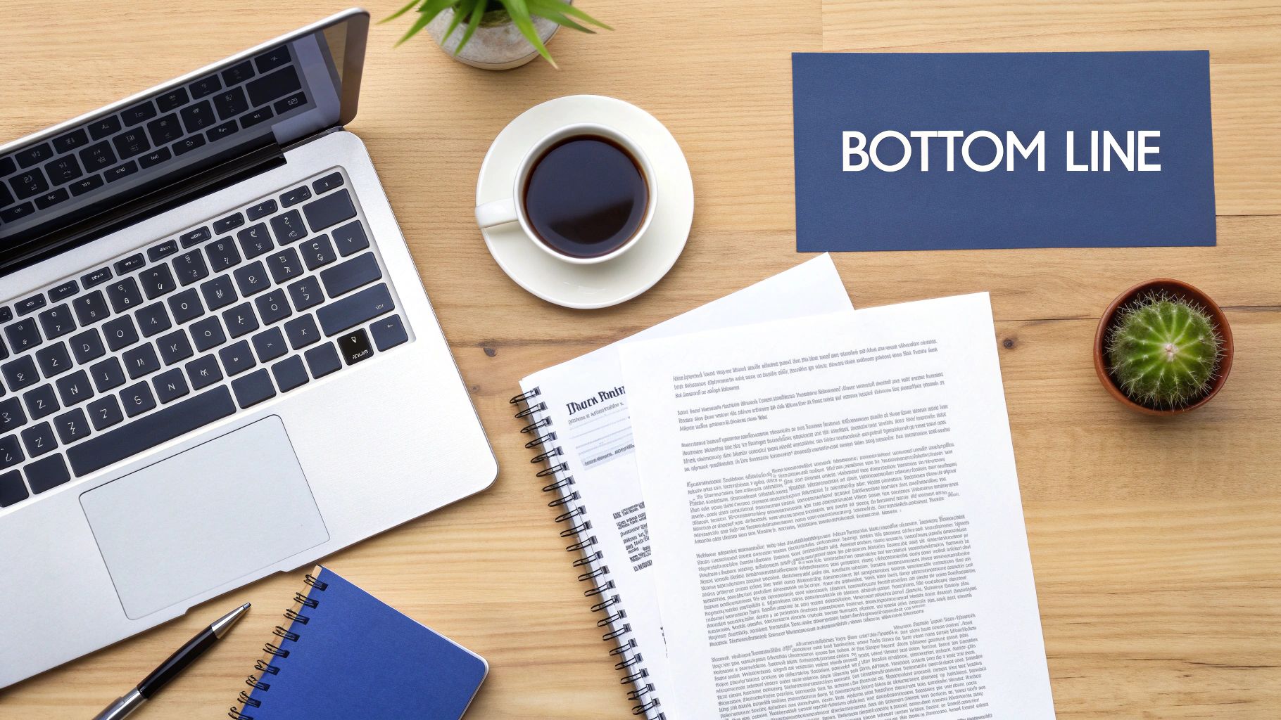 Flat lay of a business workspace with a laptop, coffee, documents, and a 'BOTTOM LINE' message.