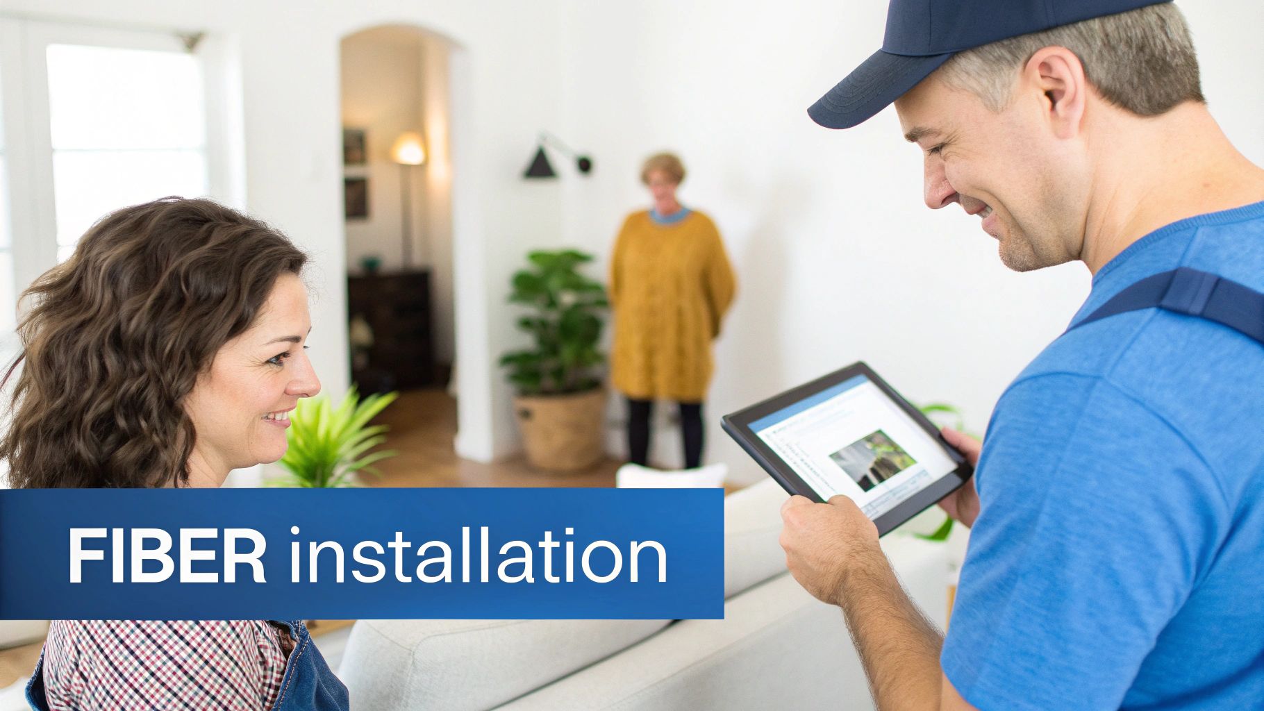 A smiling technician showing a tablet to a female customer during a fiber internet installation in a home.