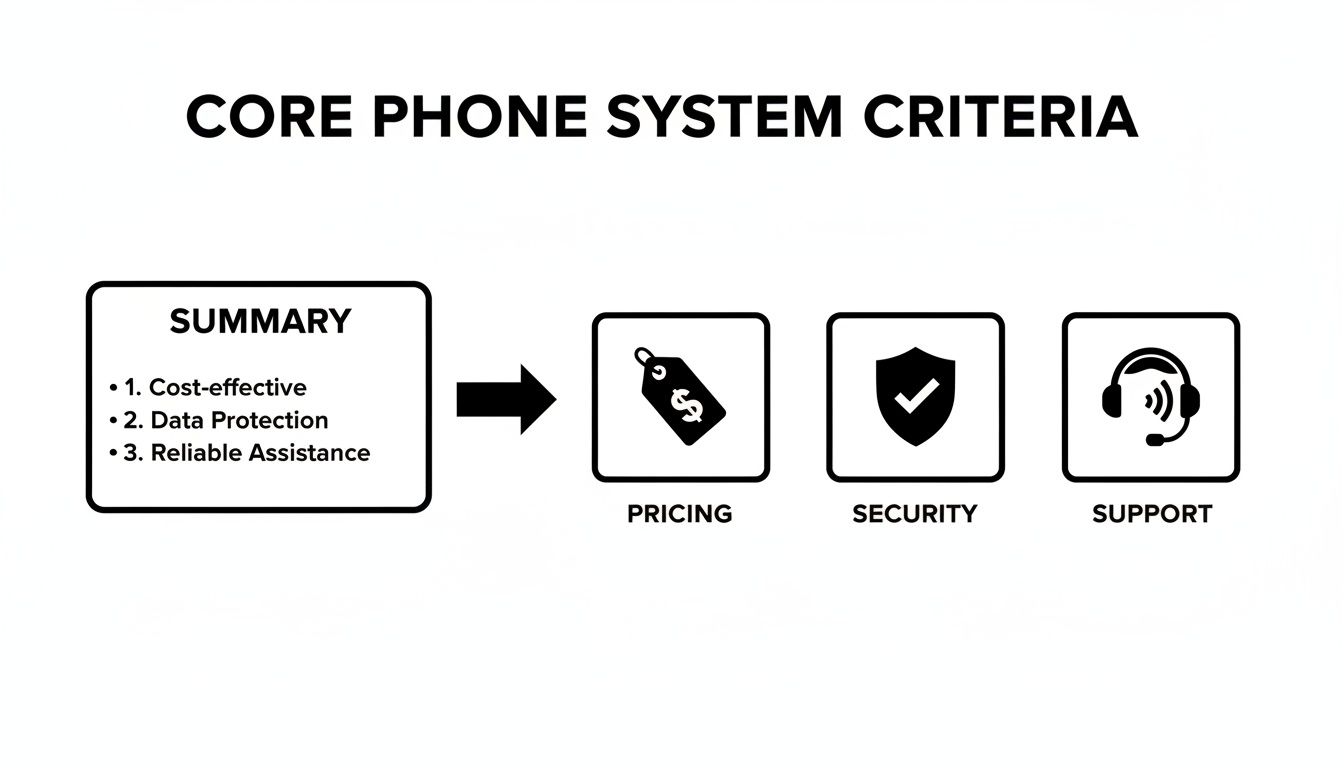 Diagram illustrating core phone system criteria, including cost-effectiveness, data protection, and support.