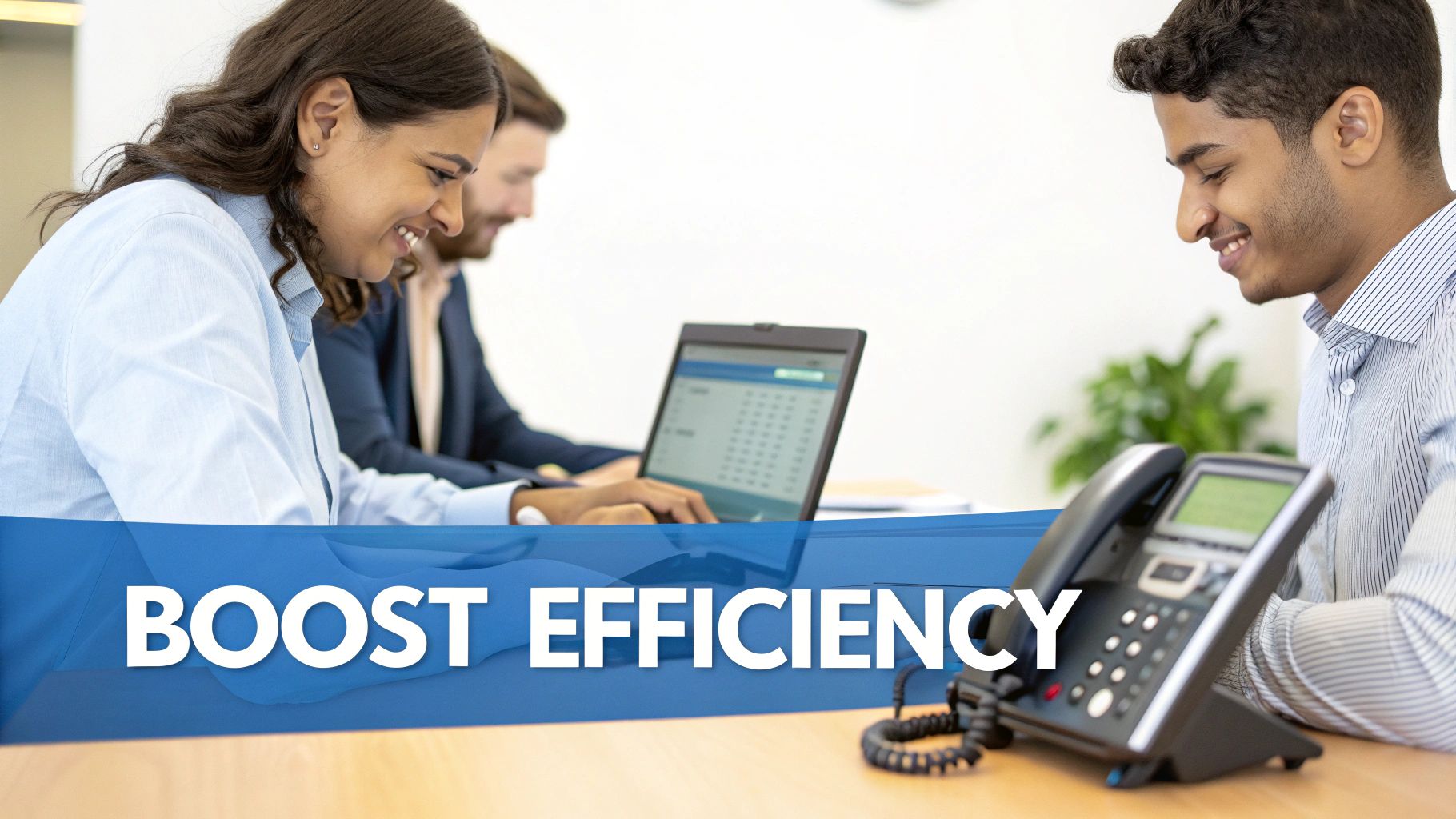Smiling employees use office technology, including a laptop and VoIP phone, to boost efficiency.