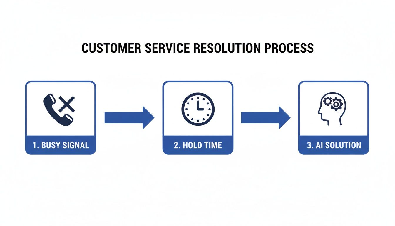 Infographic illustrating a customer service resolution process, showing busy signals and hold times leading to an AI solution.