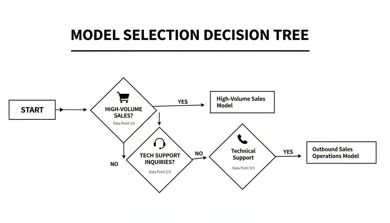 A decision tree flowchart illustrating model selection based on sales volume and technical support inquiries.