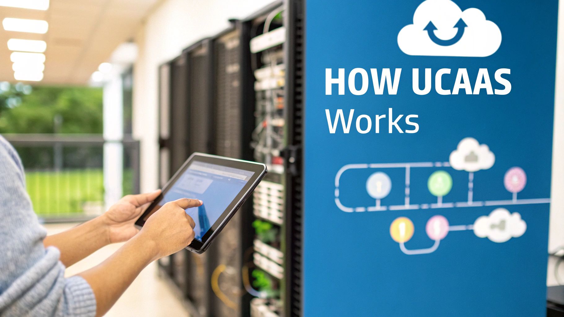 Diagram showing how different communication channels like phone, video, and chat connect through a central cloud server.