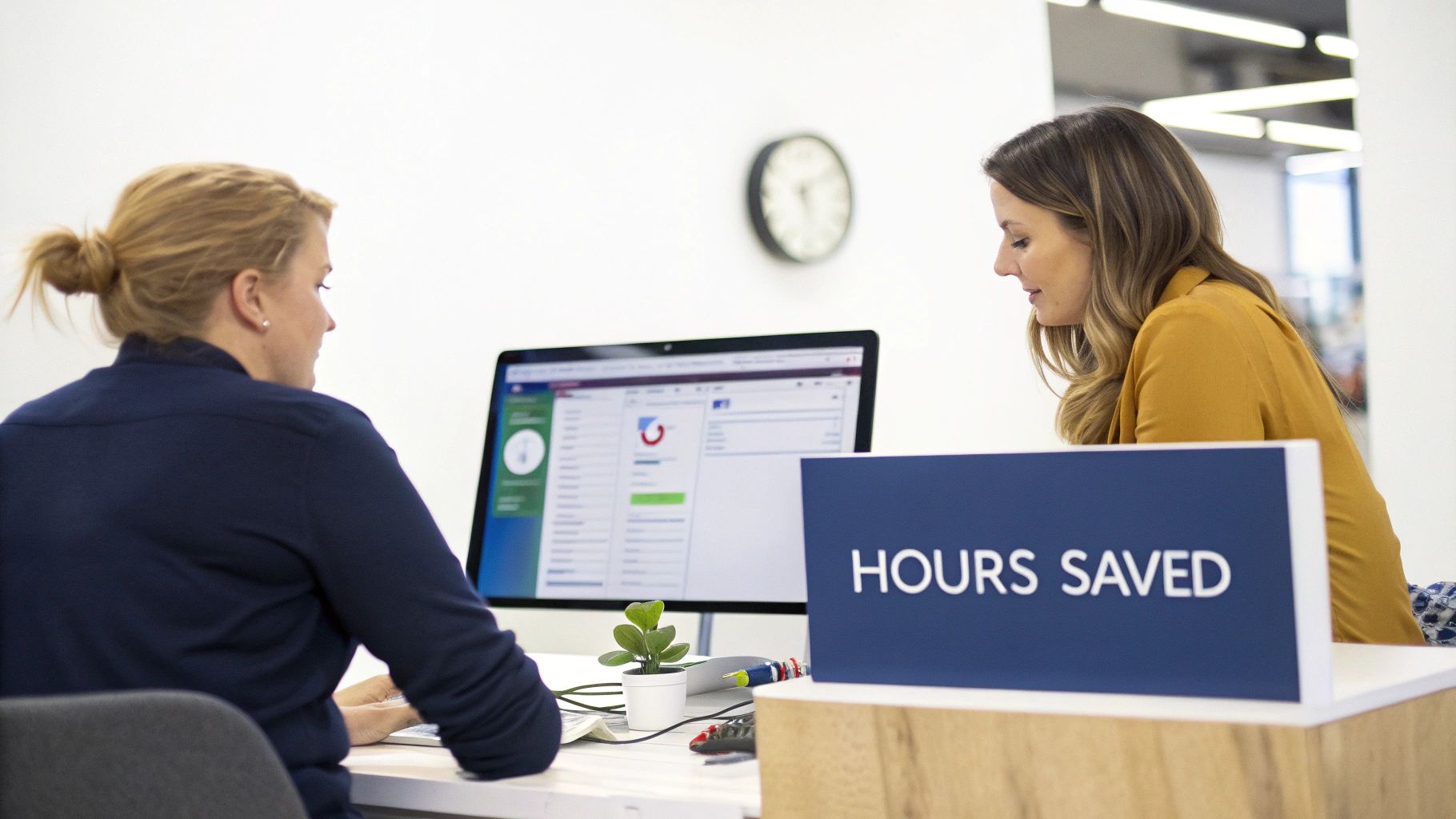 Two businesswomen collaborating and reviewing data on a computer screen in a modern office with a 'HOURS SAVED' sign.