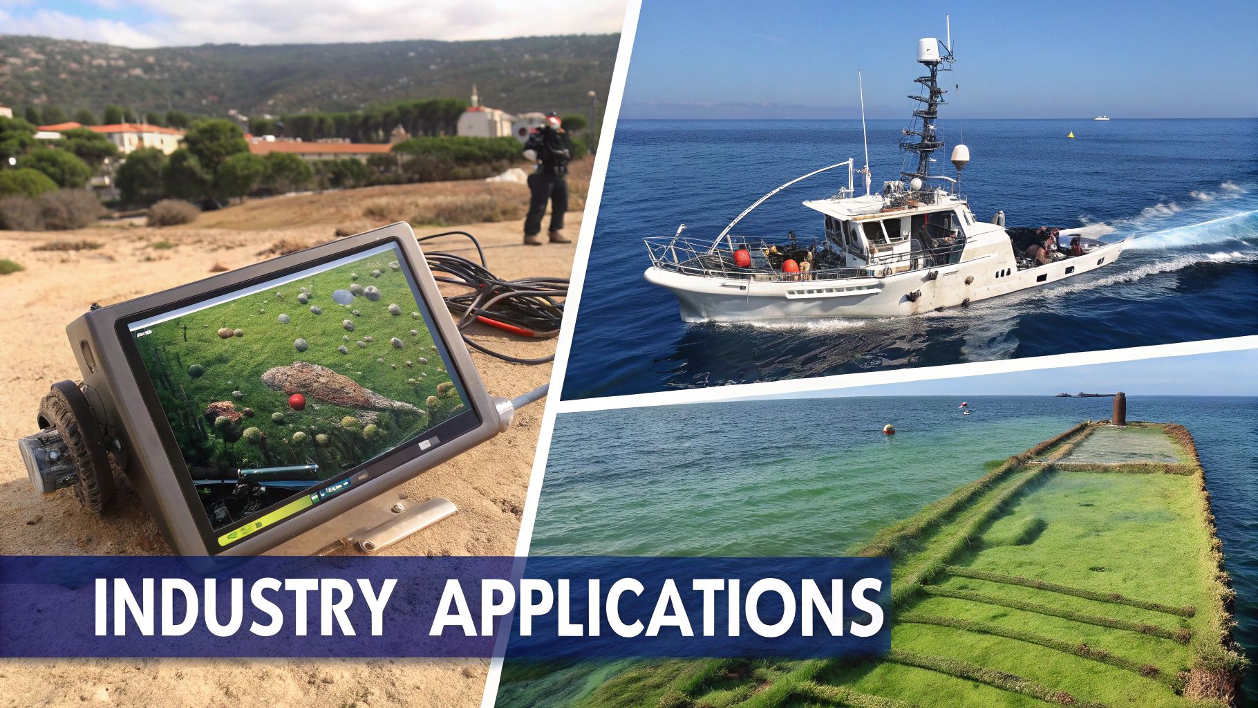 Field monitor displaying sonar data, a patrol boat, and a submerged pier illustrating industry uses.