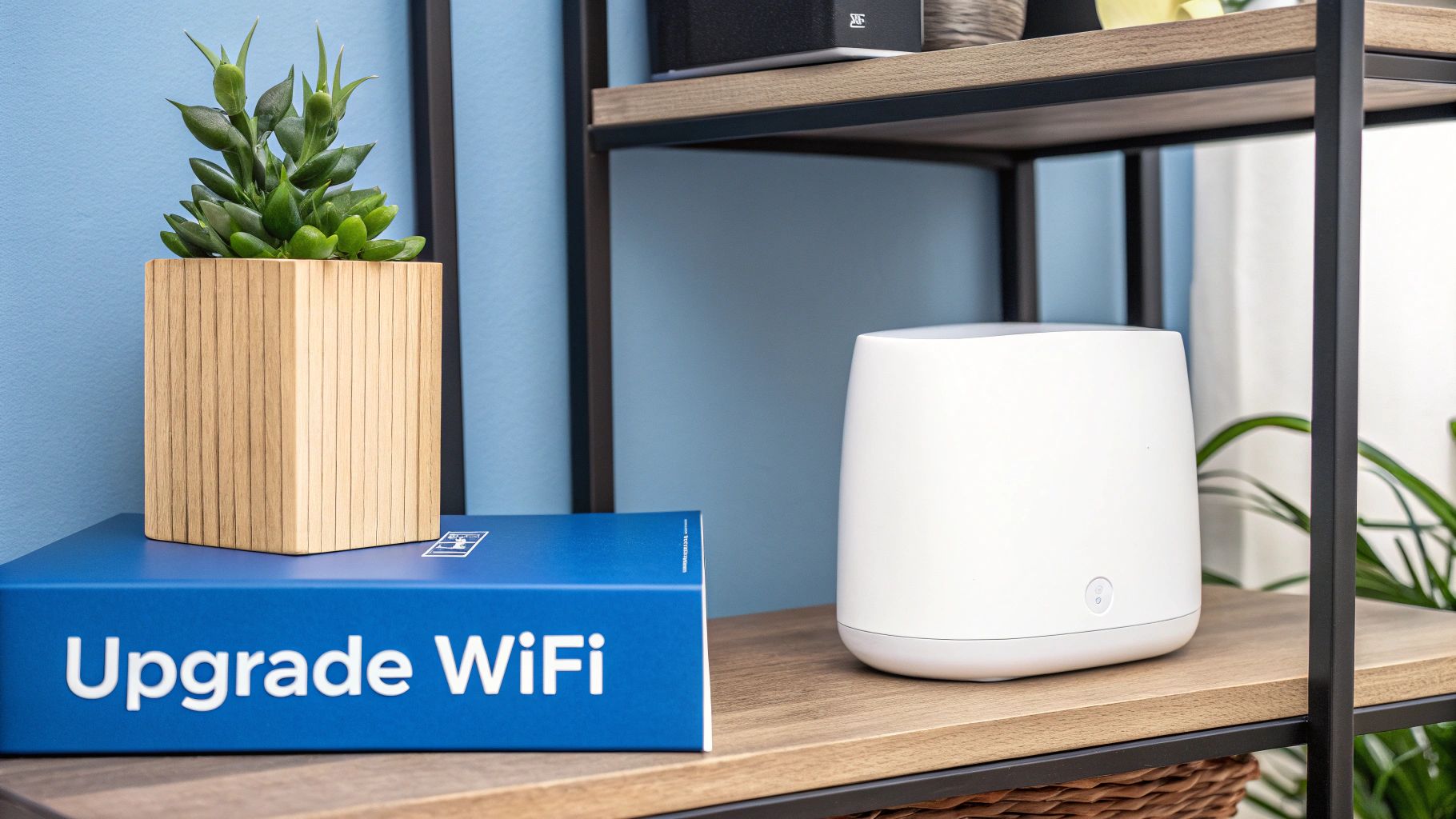 A person sitting at a desk with a laptop, looking thoughtfully at their WiFi router, ready to solve connection problems.